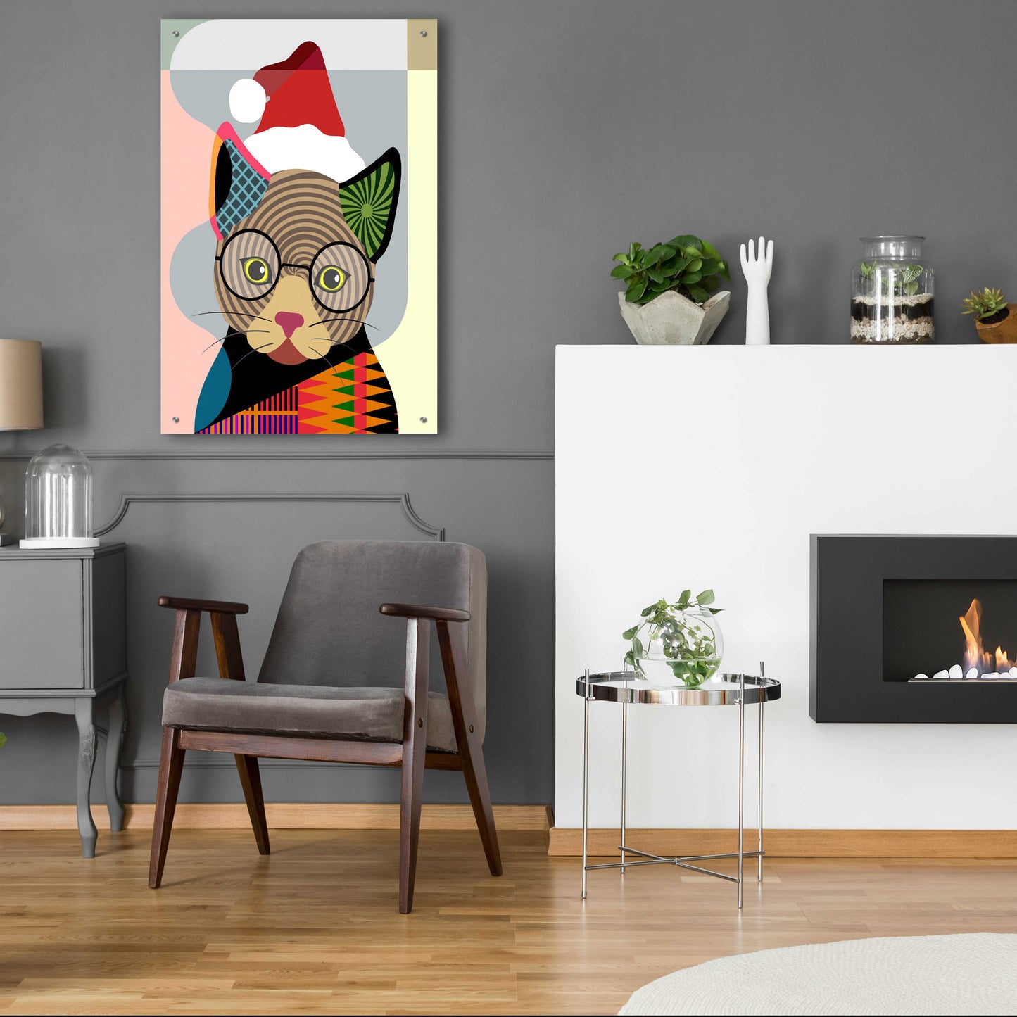 Epic Art 'Santa Kitty' by Lanre Adefioyue, Acrylic Glass Wall Art,24x36