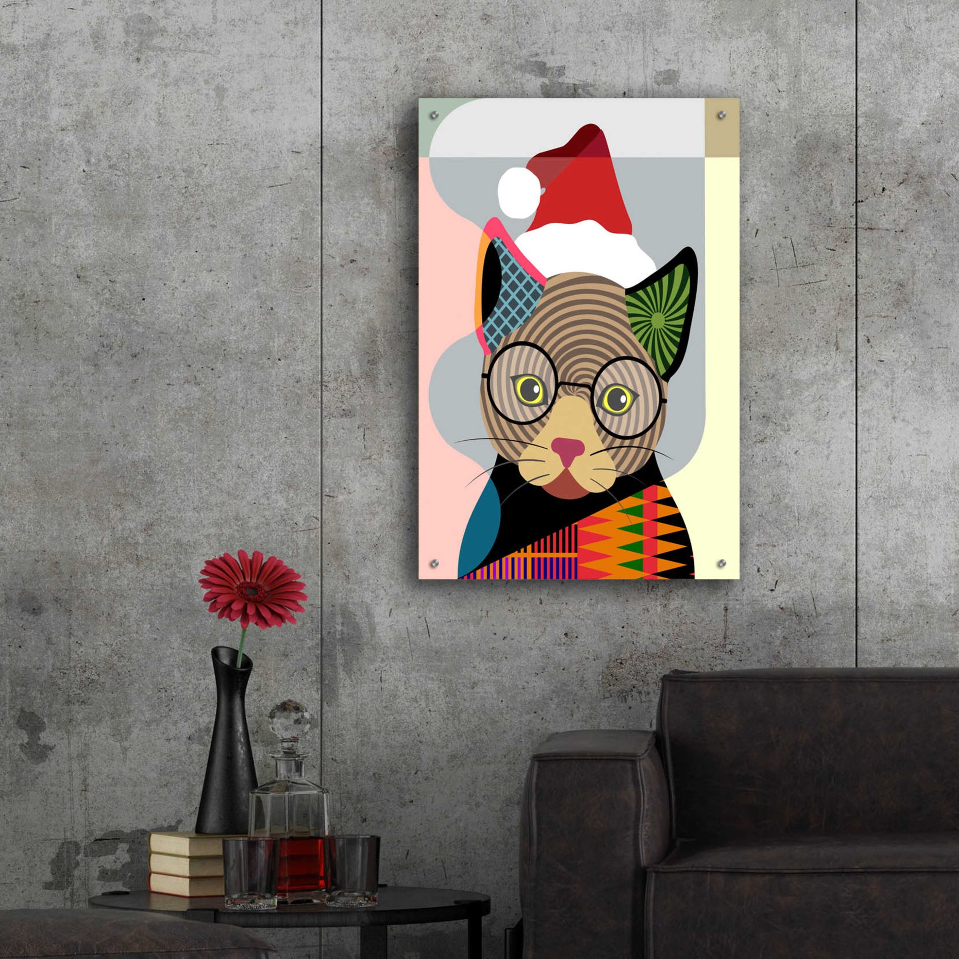 Epic Art 'Santa Kitty' by Lanre Adefioyue, Acrylic Glass Wall Art,24x36