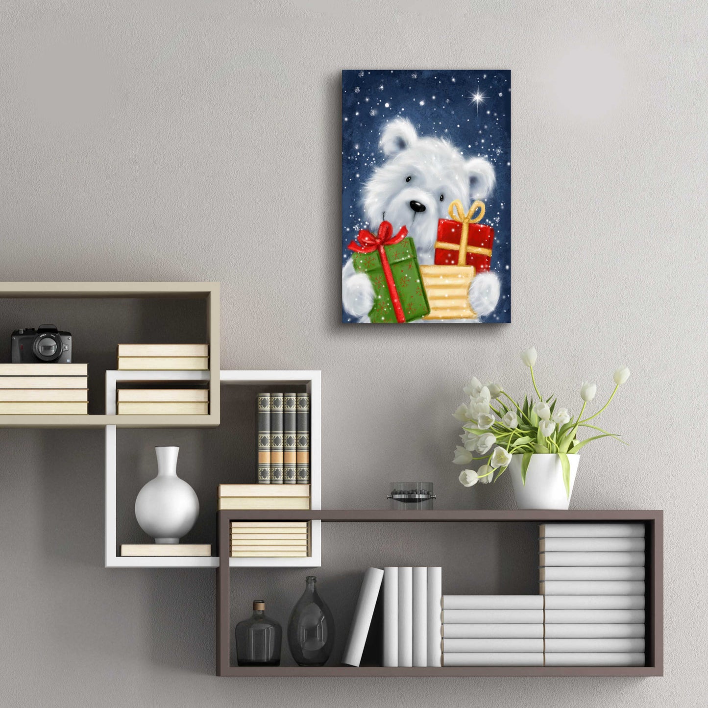 Epic Art 'Polar Bear and Presents' by Makiko, Acrylic Glass Wall Art,16x24