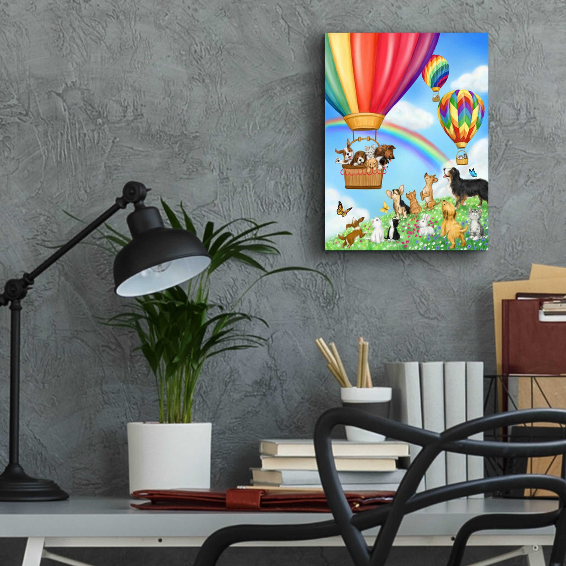 Epic Art 'Hot Air Balloon with Dog and Cat' by Makiko, Acrylic Glass Wall Art,12x16