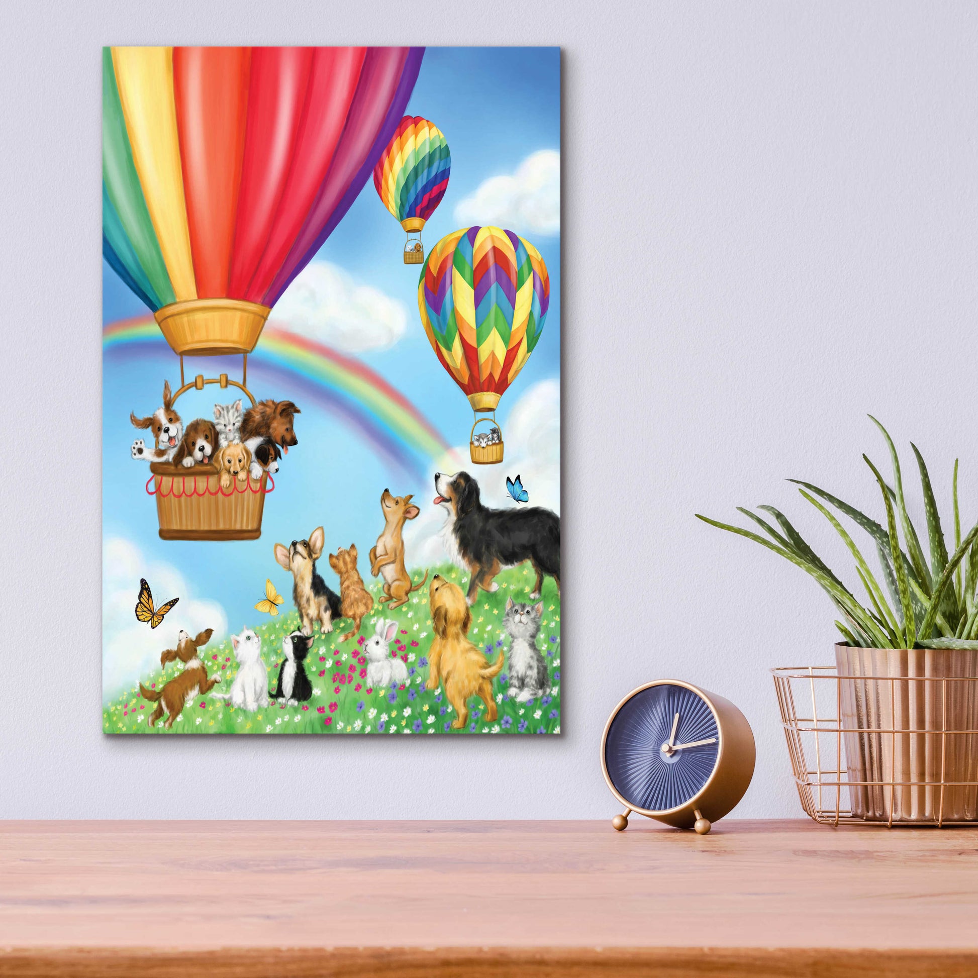 Epic Art 'Hot Air Balloon with Dog and Cat' by Makiko, Acrylic Glass Wall Art,12x16