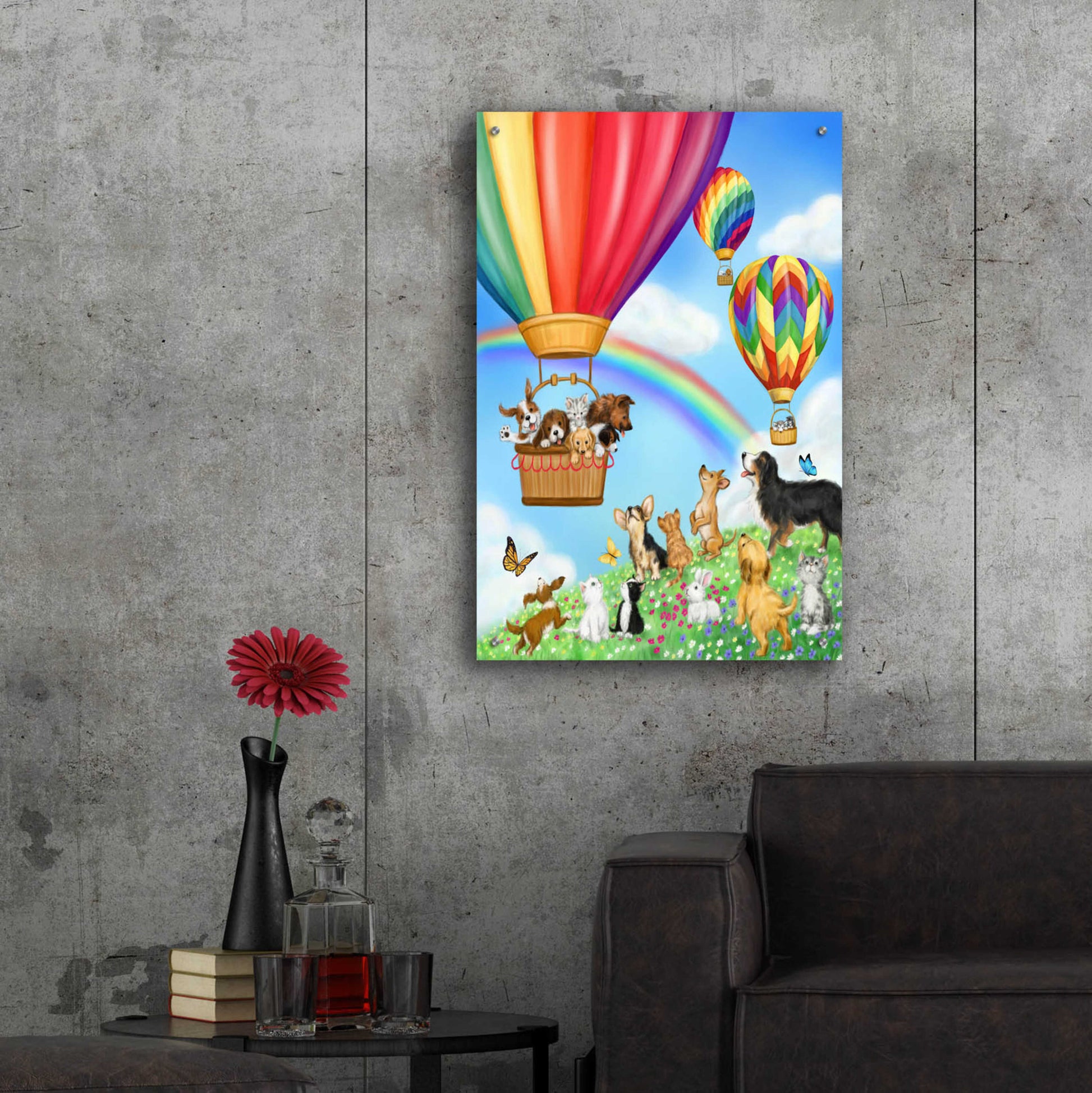 Epic Art 'Hot Air Balloon with Dog and Cat' by Makiko, Acrylic Glass Wall Art,24x36