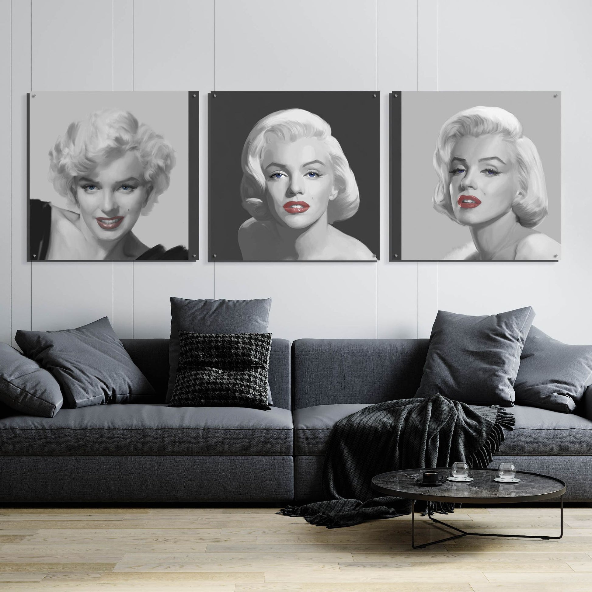 Epic Art 'Marilyn Trio Red Lips Blue Eyes' by Chris Consani, Acrylic Glass Wall Art, 3 Piece Set,108x36