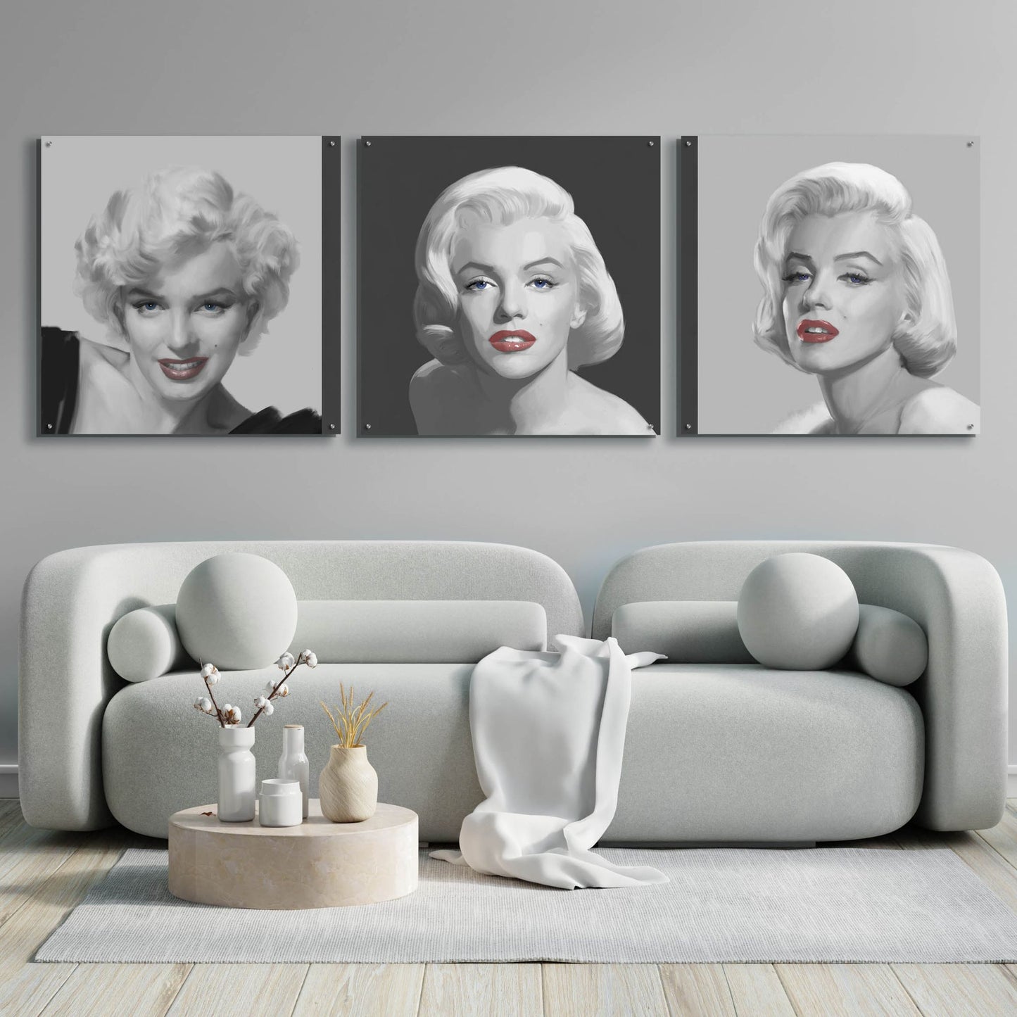 Epic Art 'Marilyn Trio Red Lips Blue Eyes' by Chris Consani, Acrylic Glass Wall Art, 3 Piece Set,108x36