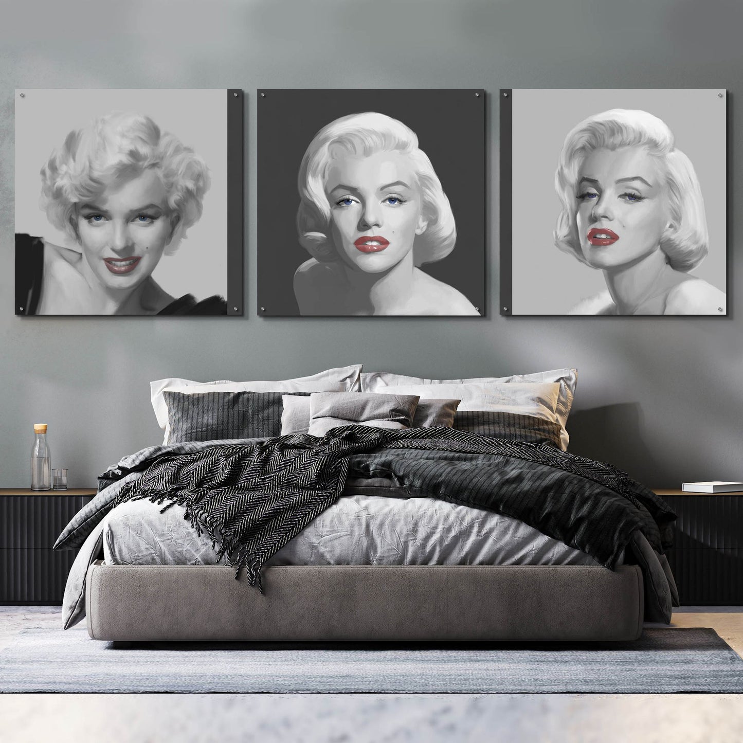 Epic Art 'Marilyn Trio Red Lips Blue Eyes' by Chris Consani, Acrylic Glass Wall Art, 3 Piece Set,108x36