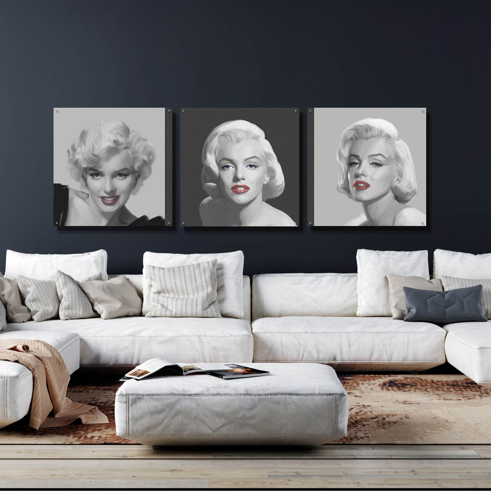 Epic Art 'Marilyn Trio Red Lips Blue Eyes' by Chris Consani, Acrylic Glass Wall Art, 3 Piece Set,108x36