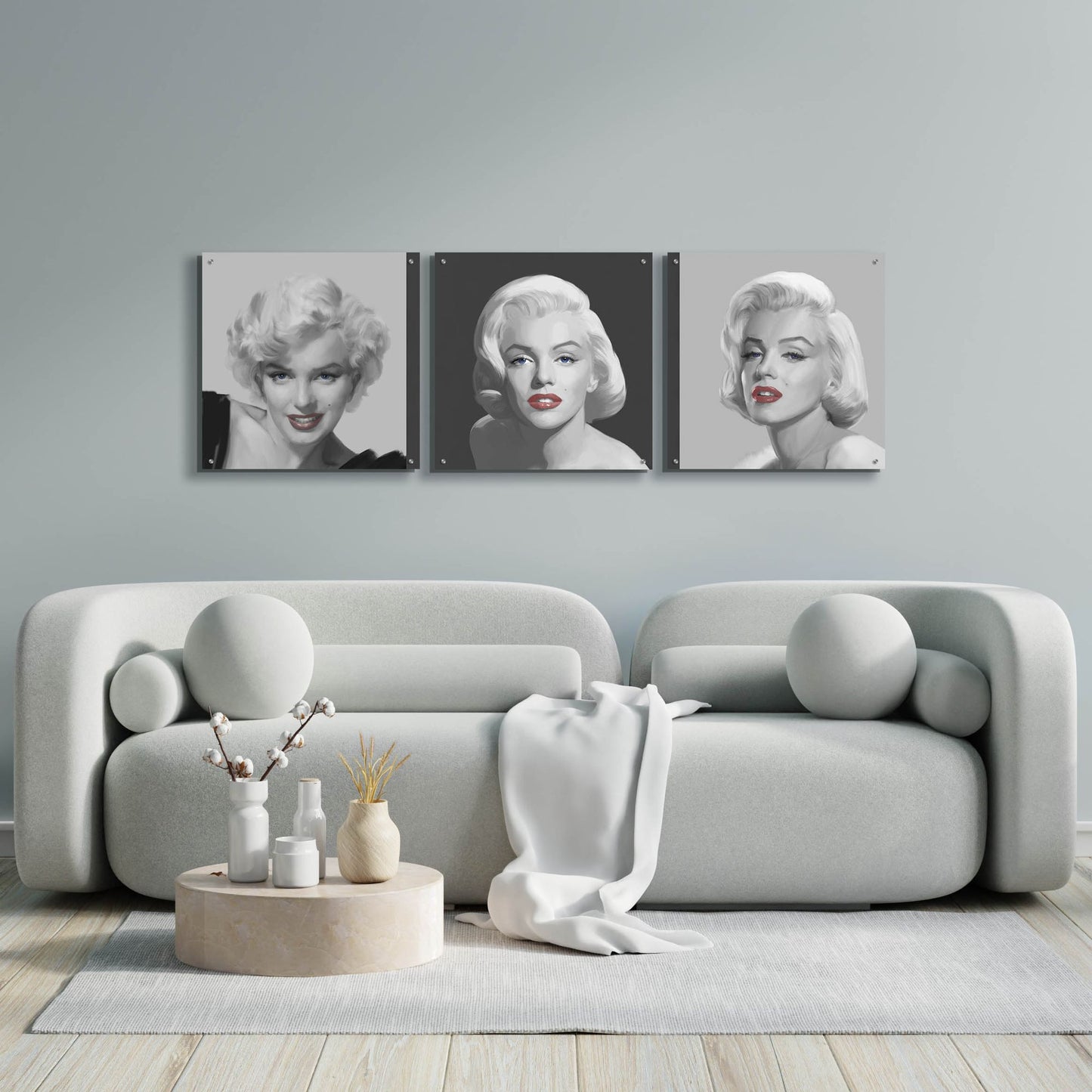 Epic Art 'Marilyn Trio Red Lips Blue Eyes' by Chris Consani, Acrylic Glass Wall Art, 3 Piece Set,72x24