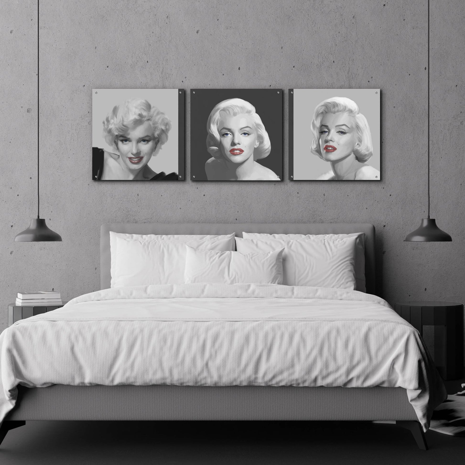 Epic Art 'Marilyn Trio Red Lips Blue Eyes' by Chris Consani, Acrylic Glass Wall Art, 3 Piece Set,72x24