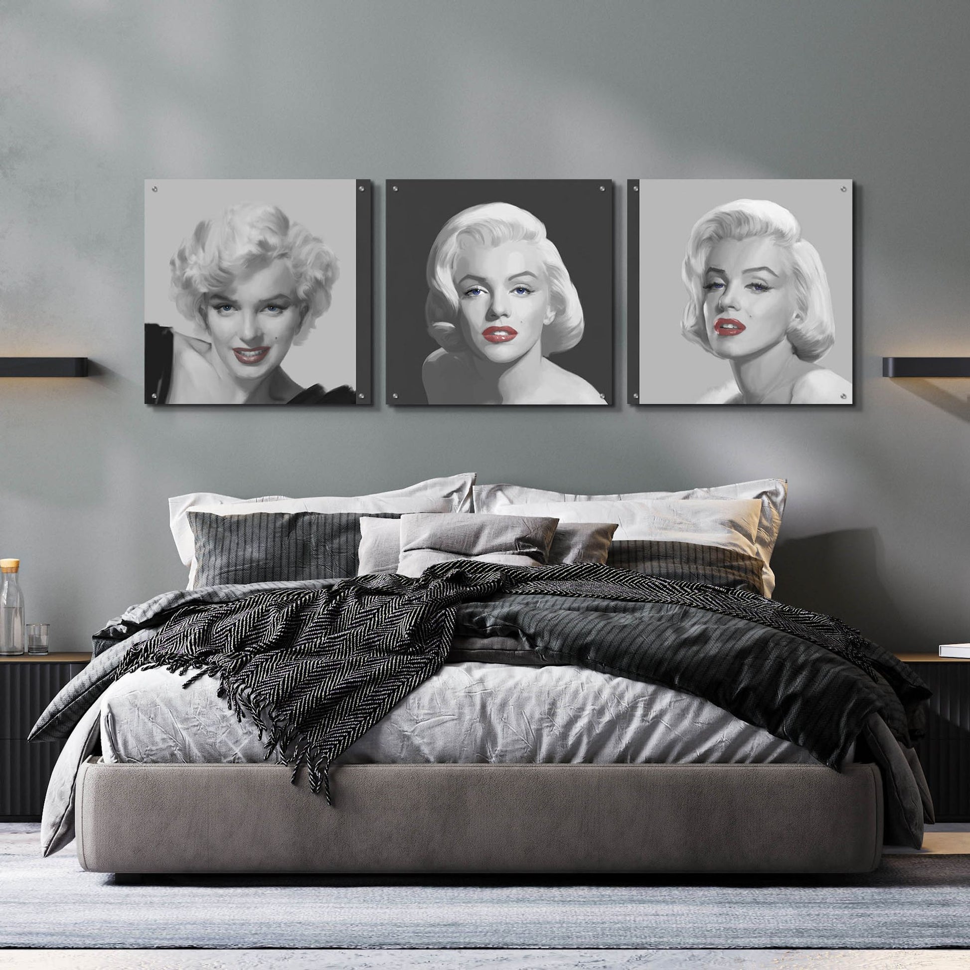 Epic Art 'Marilyn Trio Red Lips Blue Eyes' by Chris Consani, Acrylic Glass Wall Art, 3 Piece Set,72x24