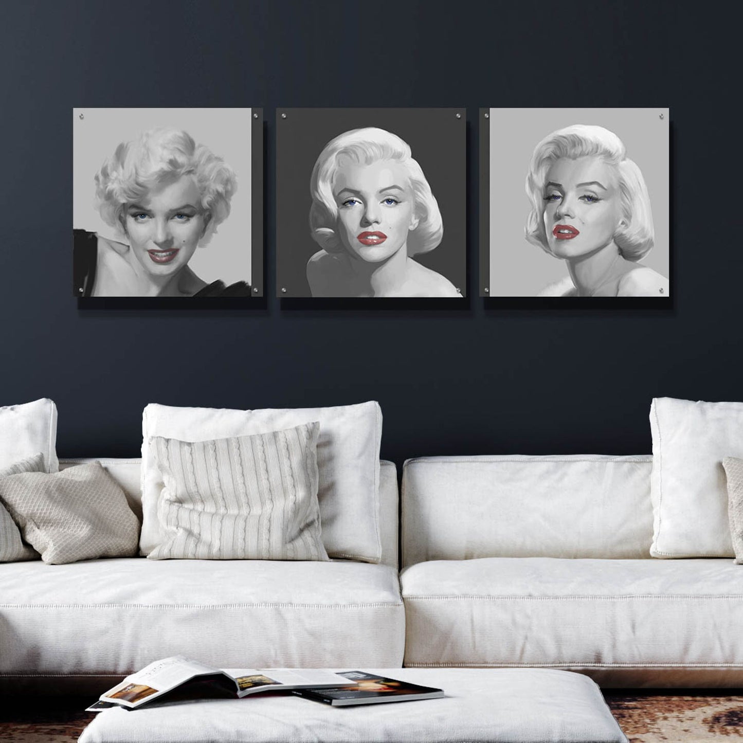 Epic Art 'Marilyn Trio Red Lips Blue Eyes' by Chris Consani, Acrylic Glass Wall Art, 3 Piece Set,72x24