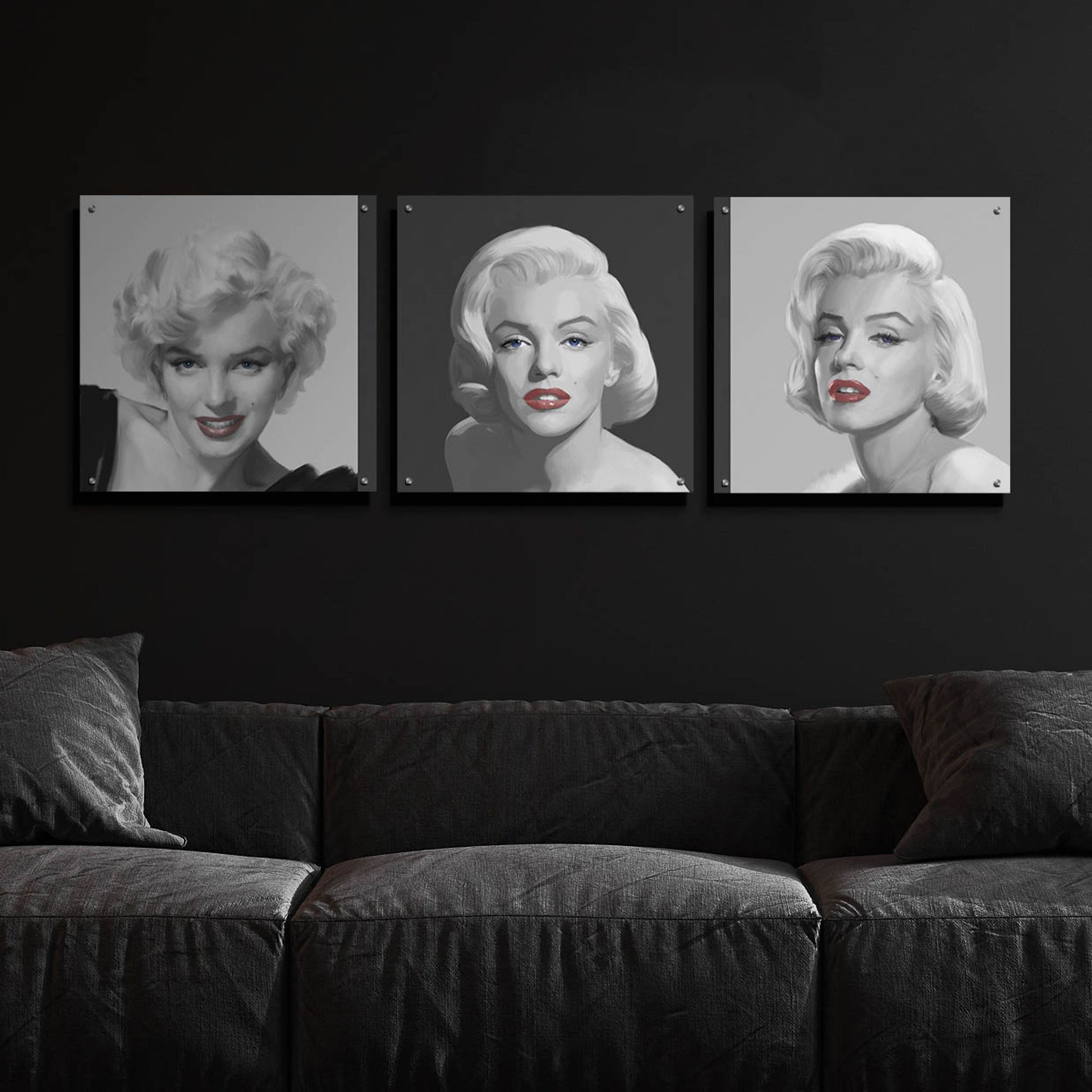 Epic Art 'Marilyn Trio Red Lips Blue Eyes' by Chris Consani, Acrylic Glass Wall Art, 3 Piece Set,72x24