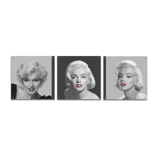 Epic Art 'Marilyn Trio Red Lips Blue Eyes' by Chris Consani, Acrylic Glass Wall Art, 3 Piece Set