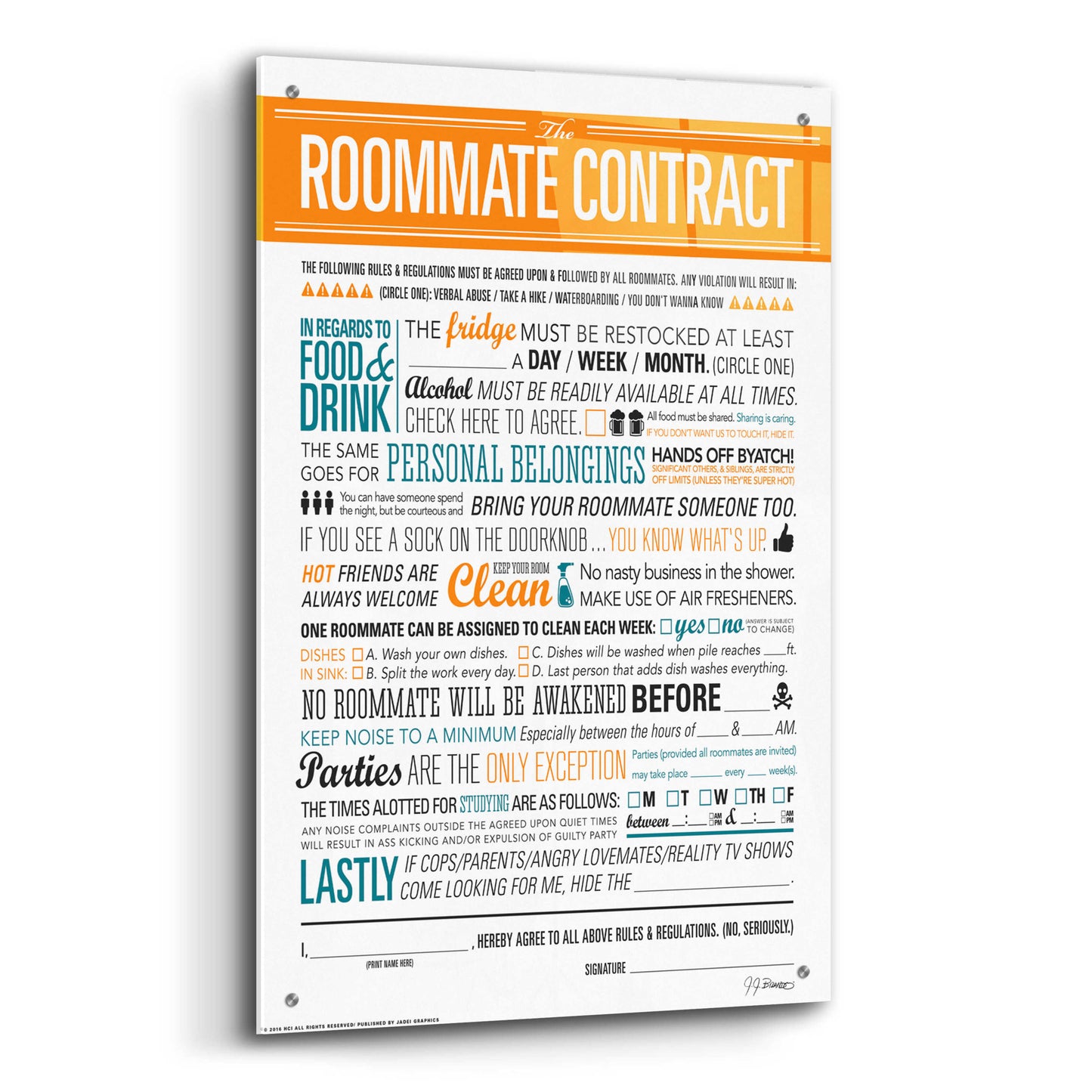 Epic Art 'Roommate Contract' by JJ Brando, Acrylic Glass Wall Art,24x36