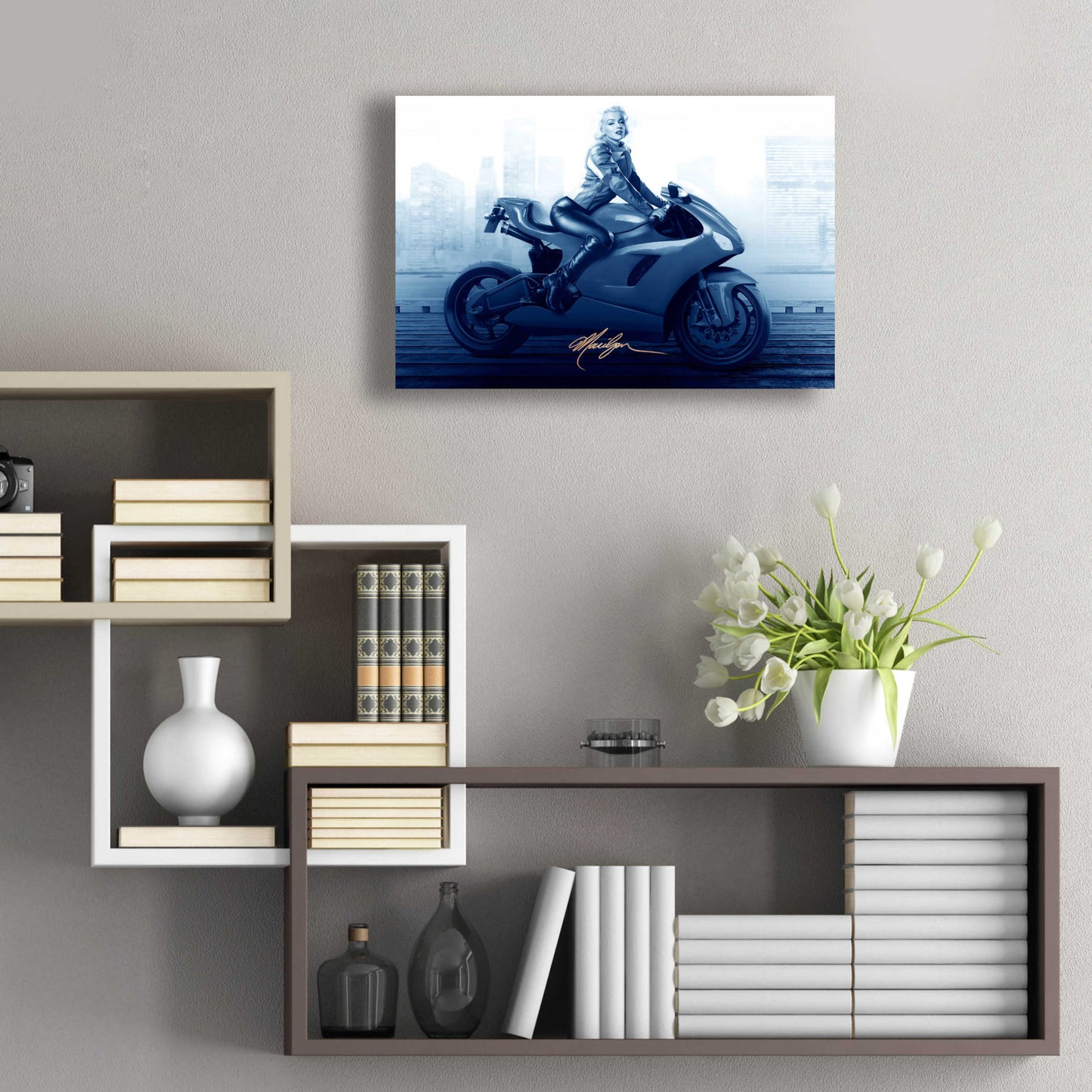 Epic Art 'Marilyn's Ride In Blue' by JJ Brando, Acrylic Glass Wall Art,24x16