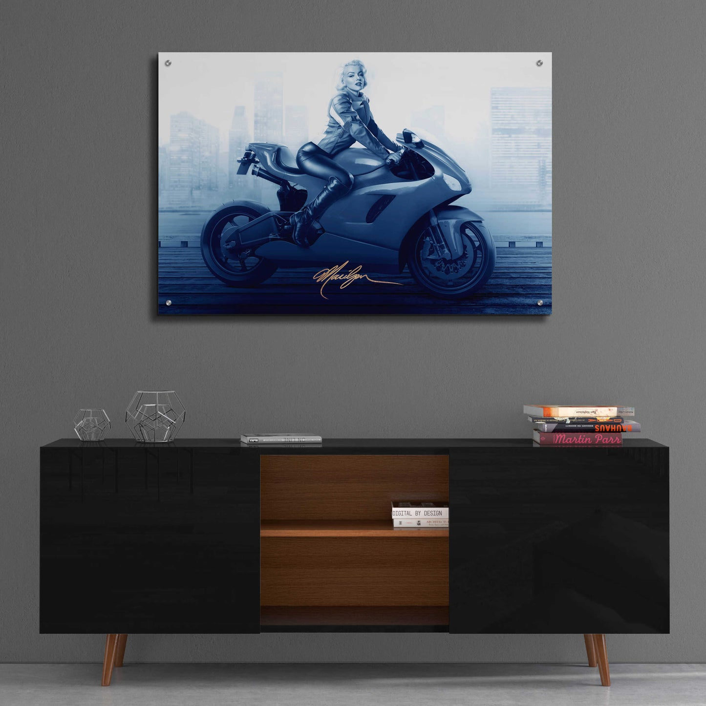 Epic Art 'Marilyn's Ride In Blue' by JJ Brando, Acrylic Glass Wall Art,36x24