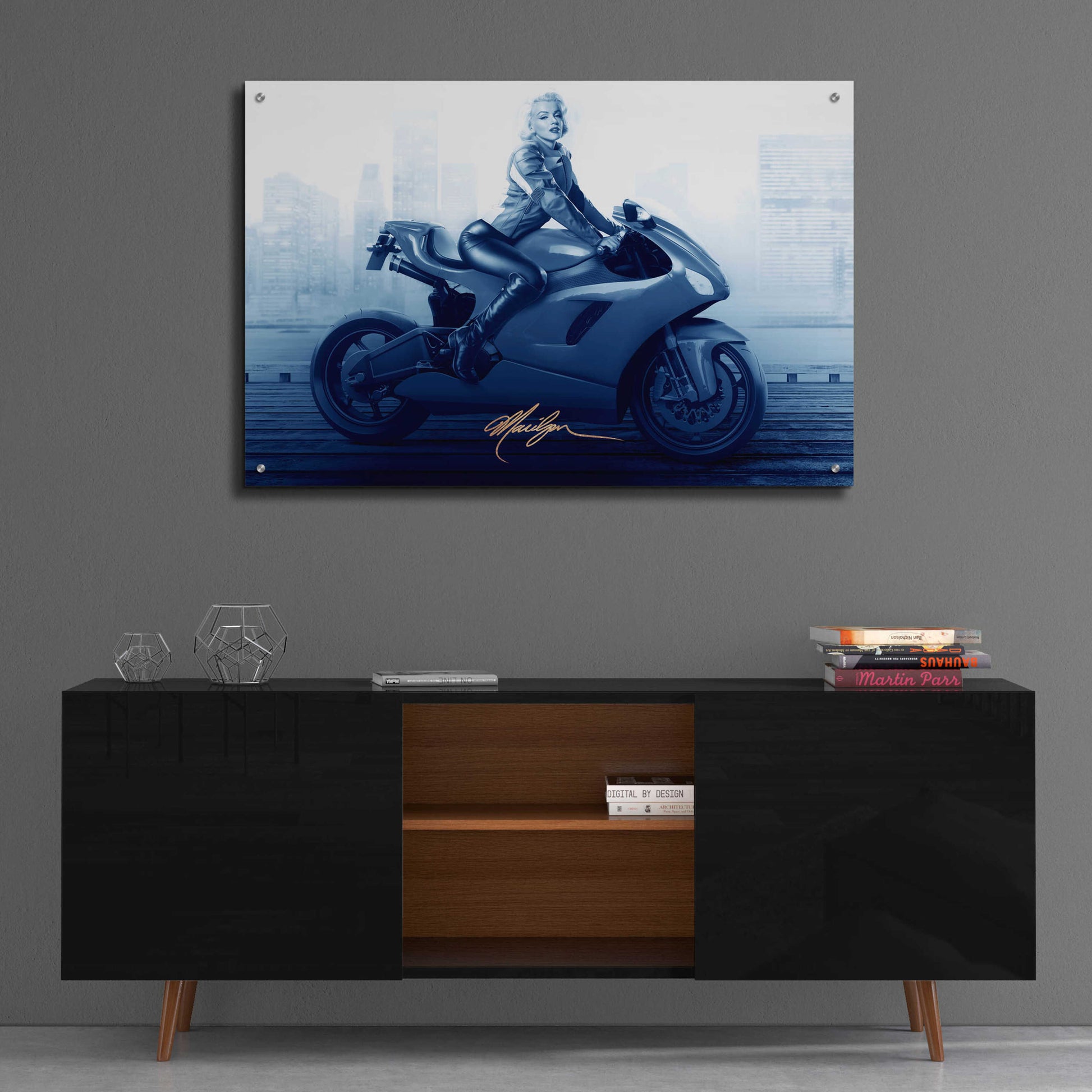 Epic Art 'Marilyn's Ride In Blue' by JJ Brando, Acrylic Glass Wall Art,36x24