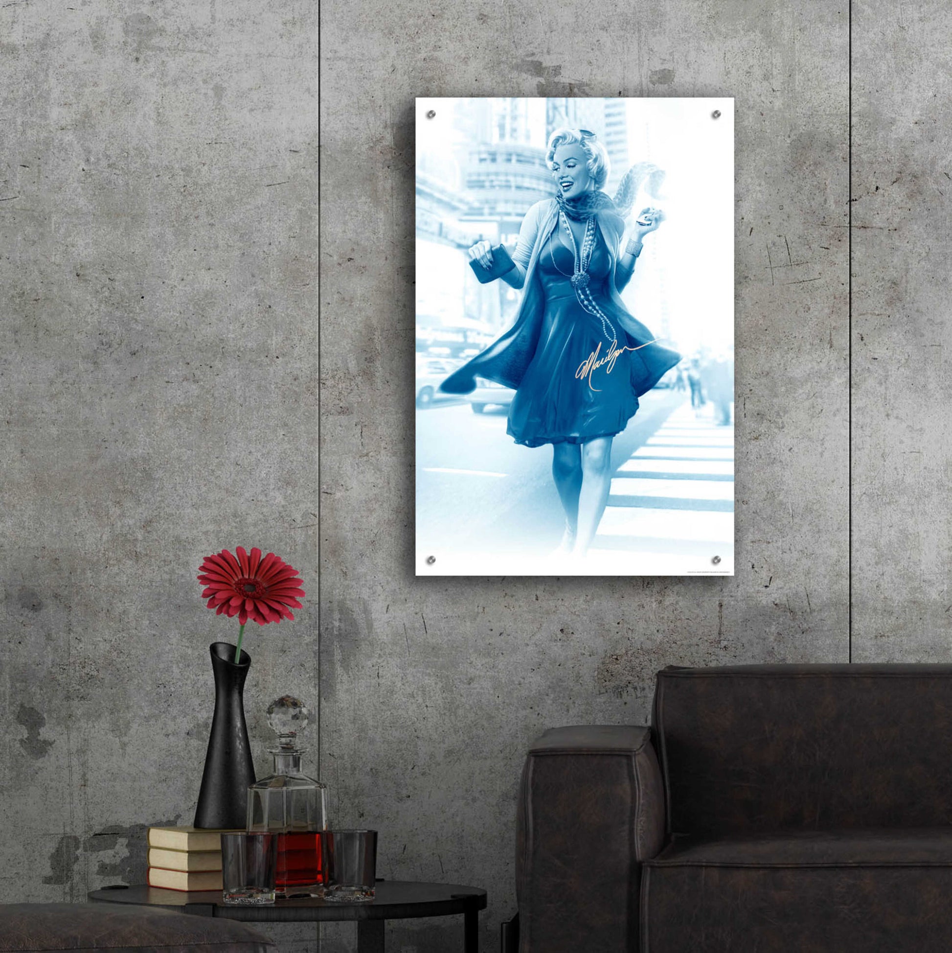 Epic Art 'Marilyn In The City Blue' by JJ Brando, Acrylic Glass Wall Art,24x36