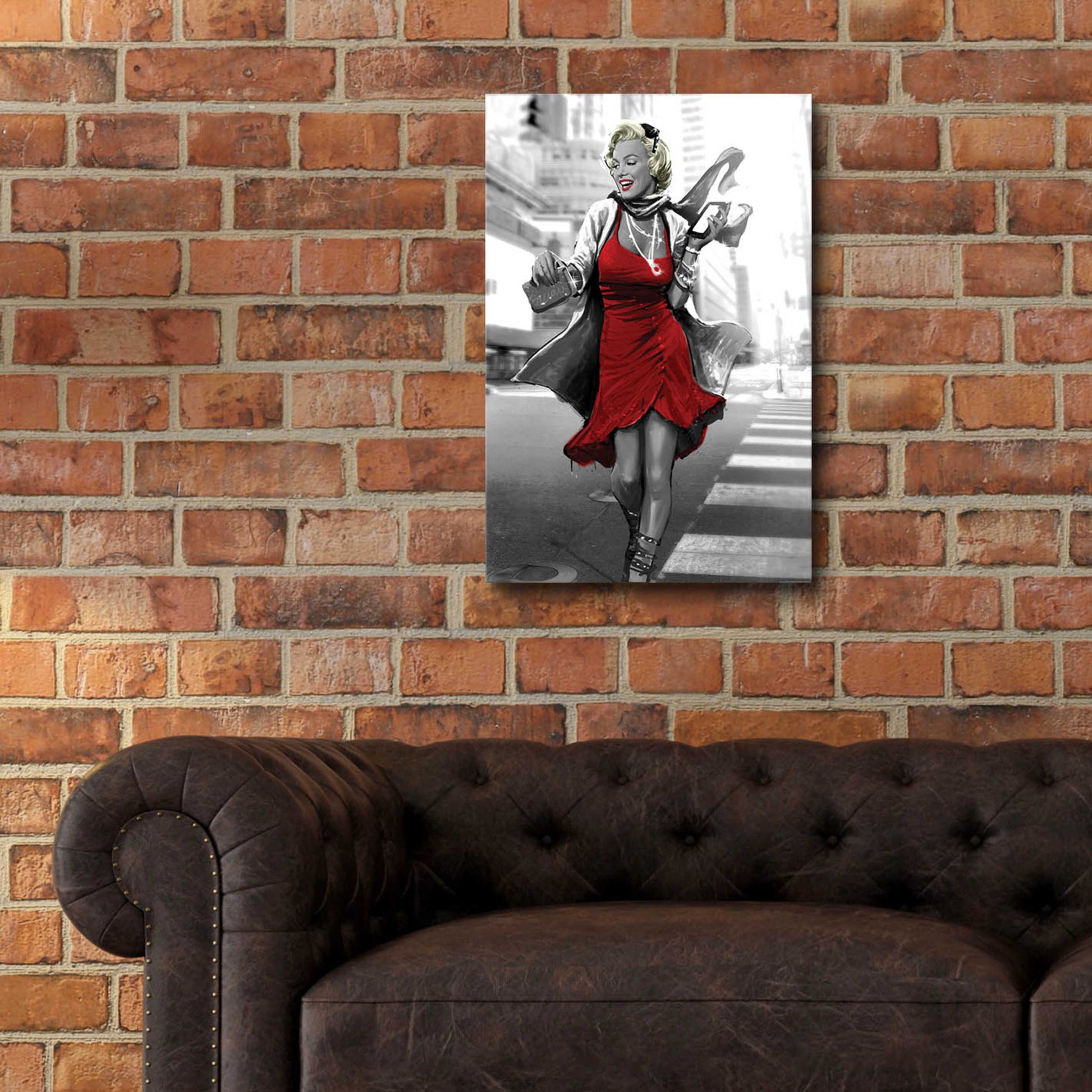 Epic Art 'Marilyn In The City Red Dress' by JJ Brando, Acrylic Glass Wall Art,16x24