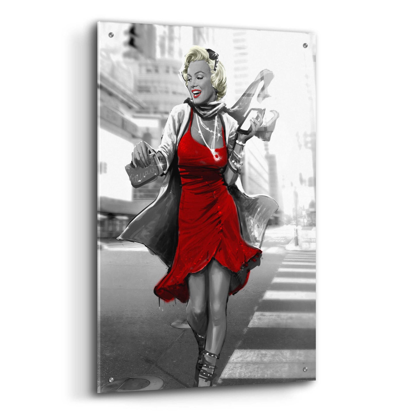 Epic Art 'Marilyn In The City Red Dress' by JJ Brando, Acrylic Glass Wall Art,24x36