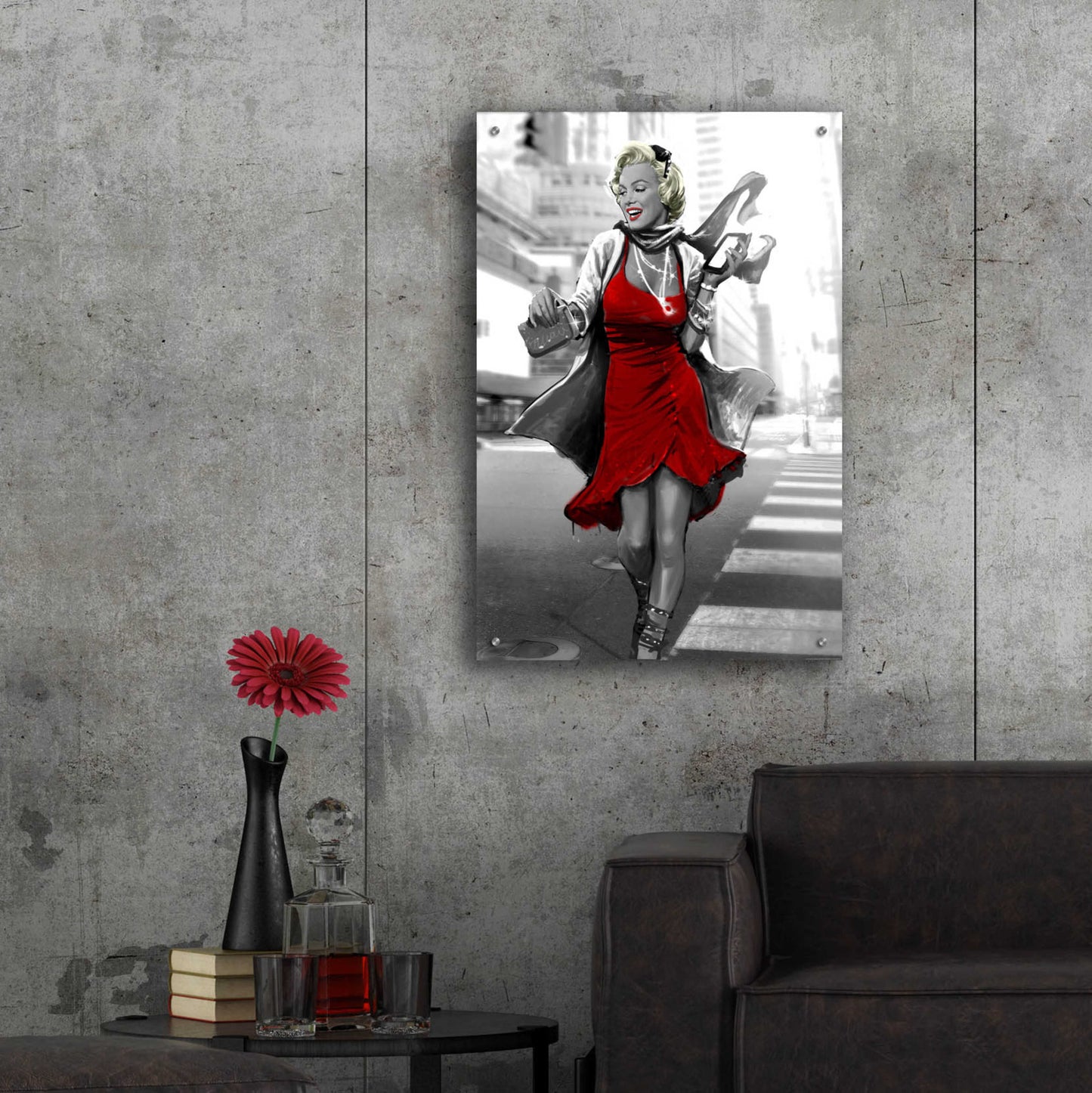 Epic Art 'Marilyn In The City Red Dress' by JJ Brando, Acrylic Glass Wall Art,24x36