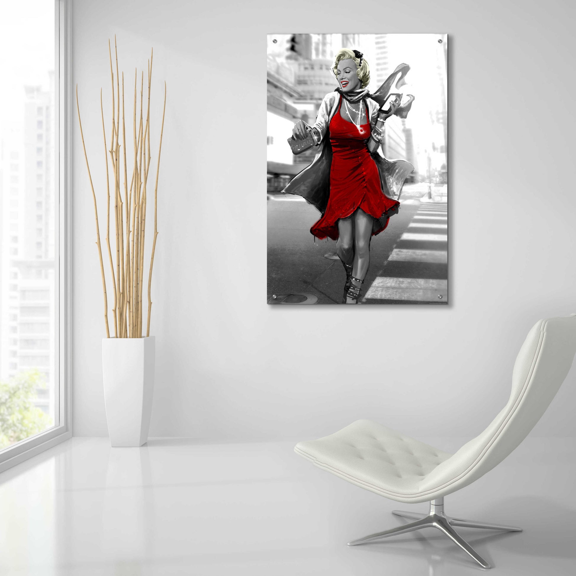 Epic Art 'Marilyn In The City Red Dress' by JJ Brando, Acrylic Glass Wall Art,24x36