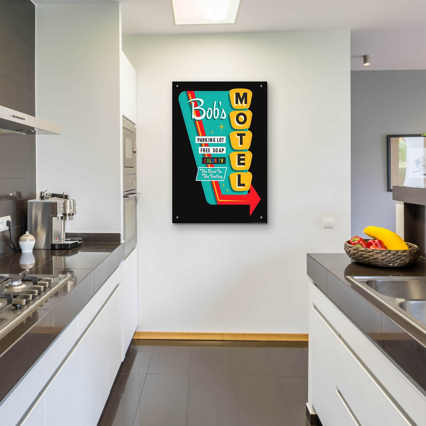 Epic Art 'Bob's Motel In Black' by JJ Brando, Acrylic Glass Wall Art,24x36