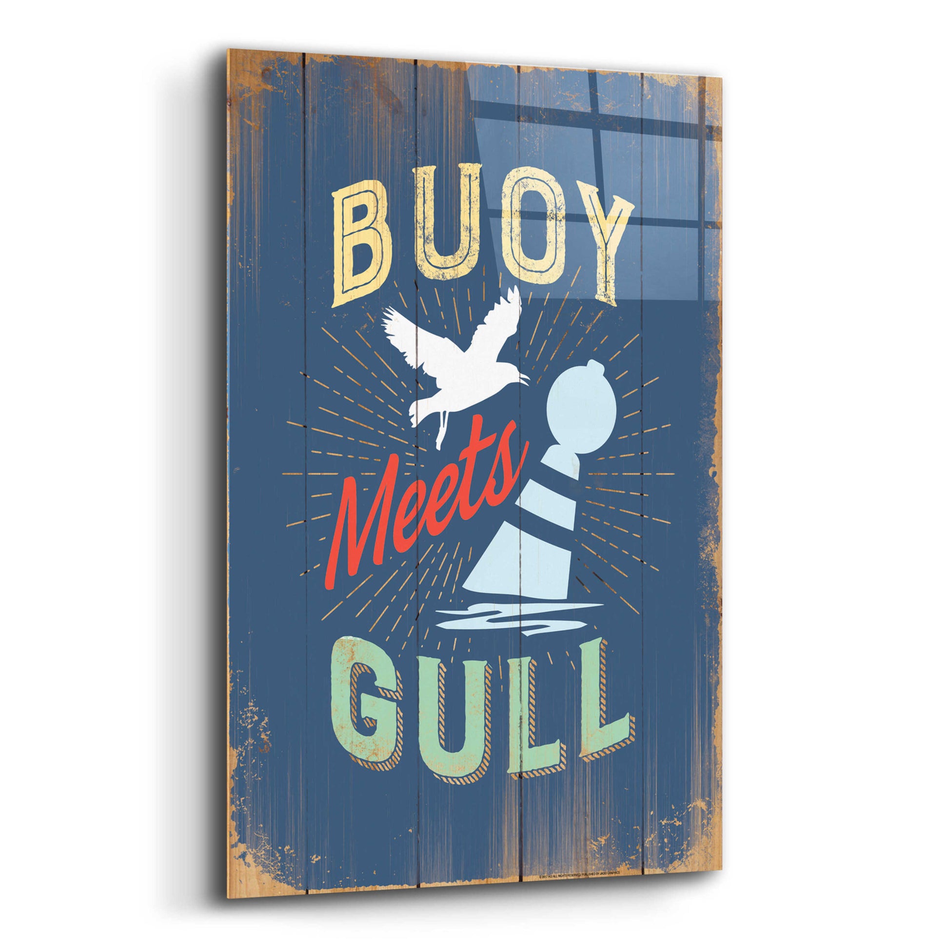 Epic Art 'Buoy Meets Gull In Blue' by JJ Brando, Acrylic Glass Wall Art,12x16