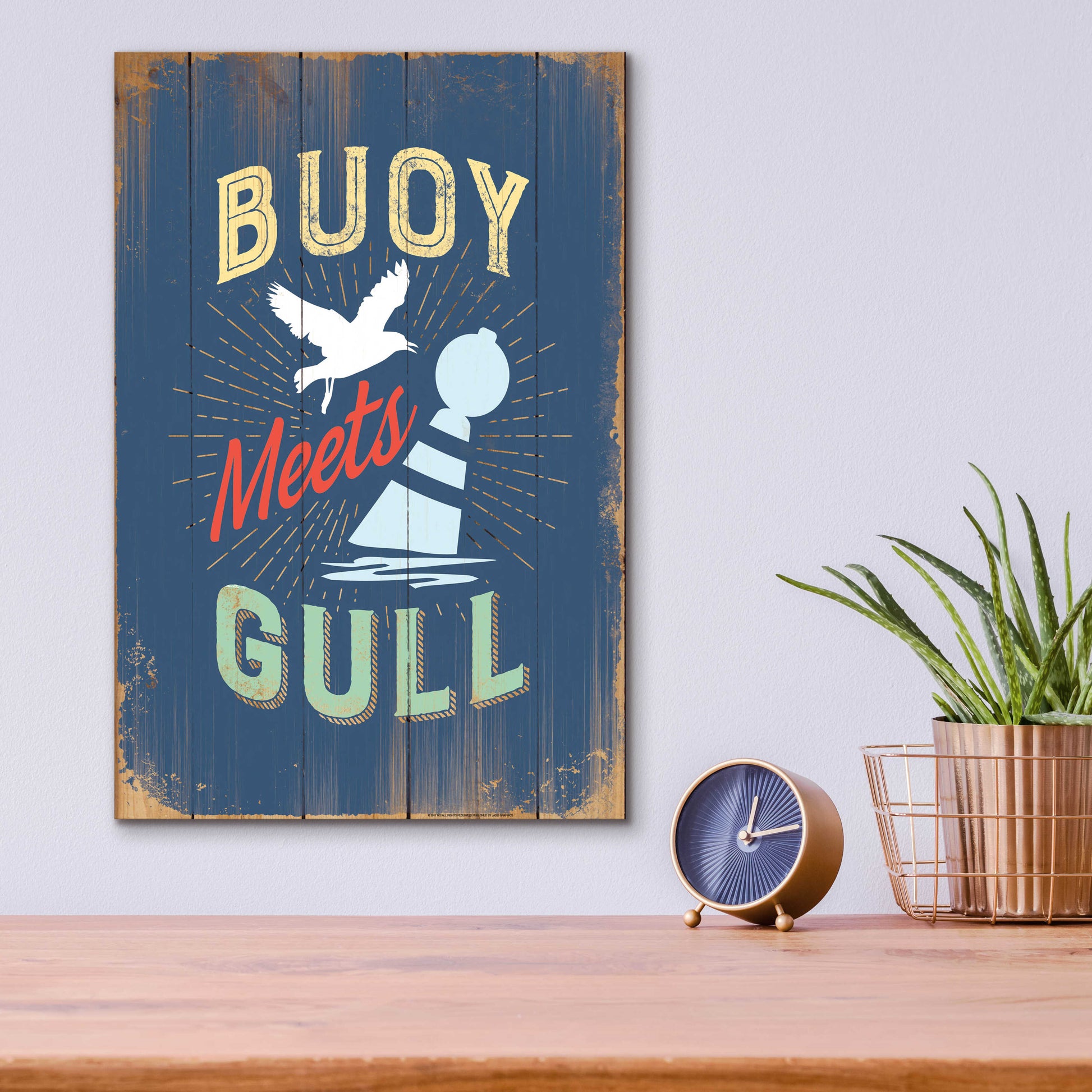 Epic Art 'Buoy Meets Gull In Blue' by JJ Brando, Acrylic Glass Wall Art,12x16
