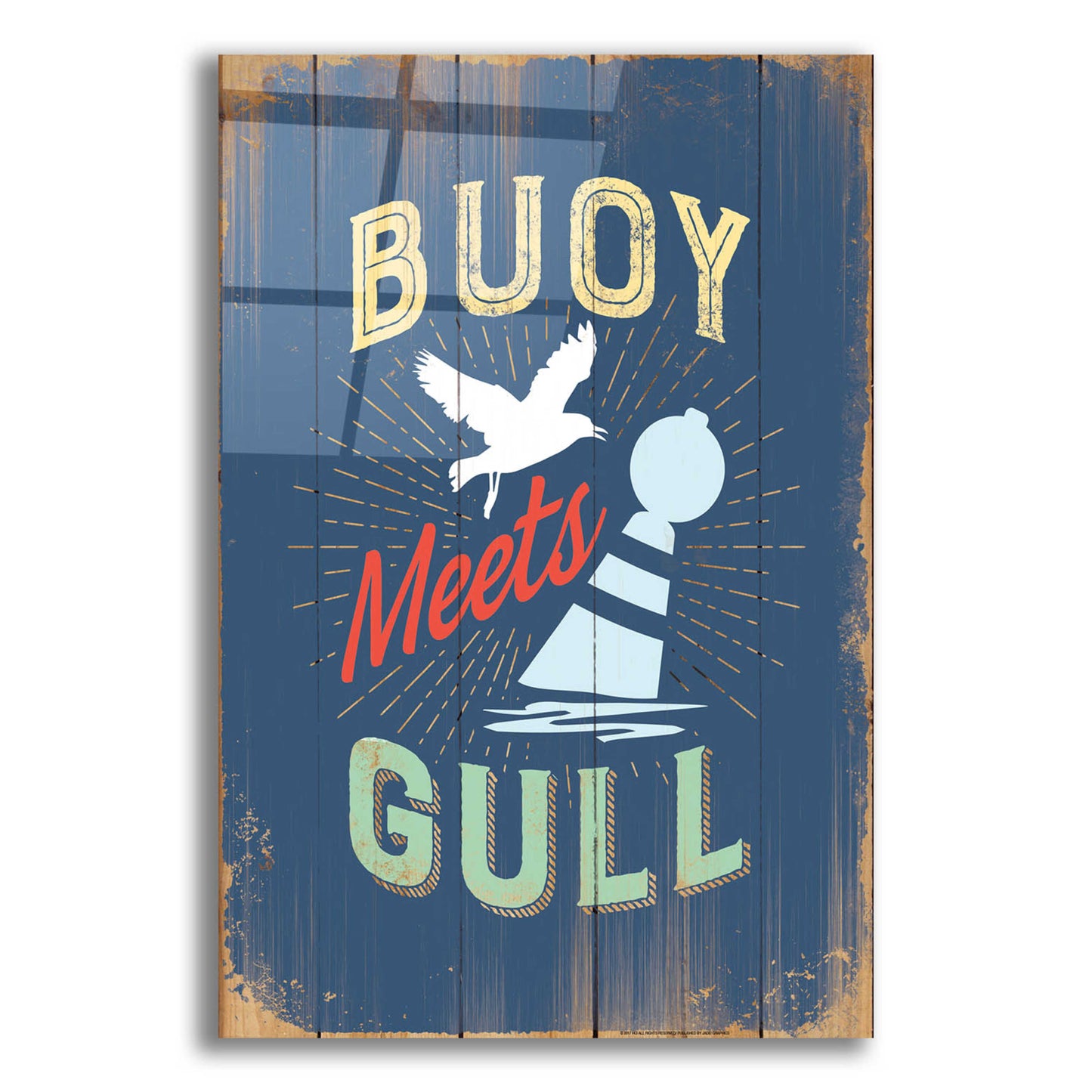 Epic Art 'Buoy Meets Gull In Blue' by JJ Brando, Acrylic Glass Wall Art,12x16