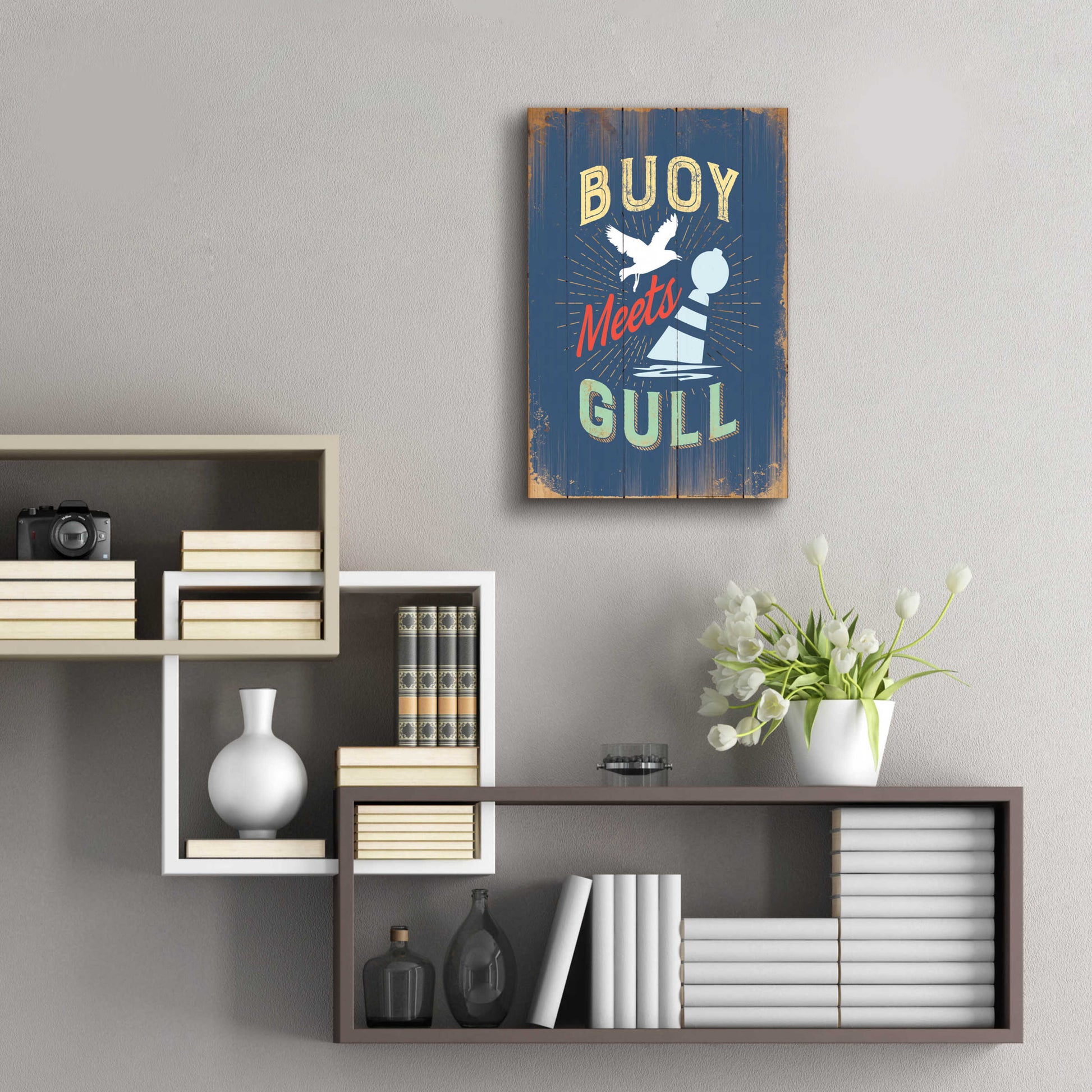 Epic Art 'Buoy Meets Gull In Blue' by JJ Brando, Acrylic Glass Wall Art,16x24