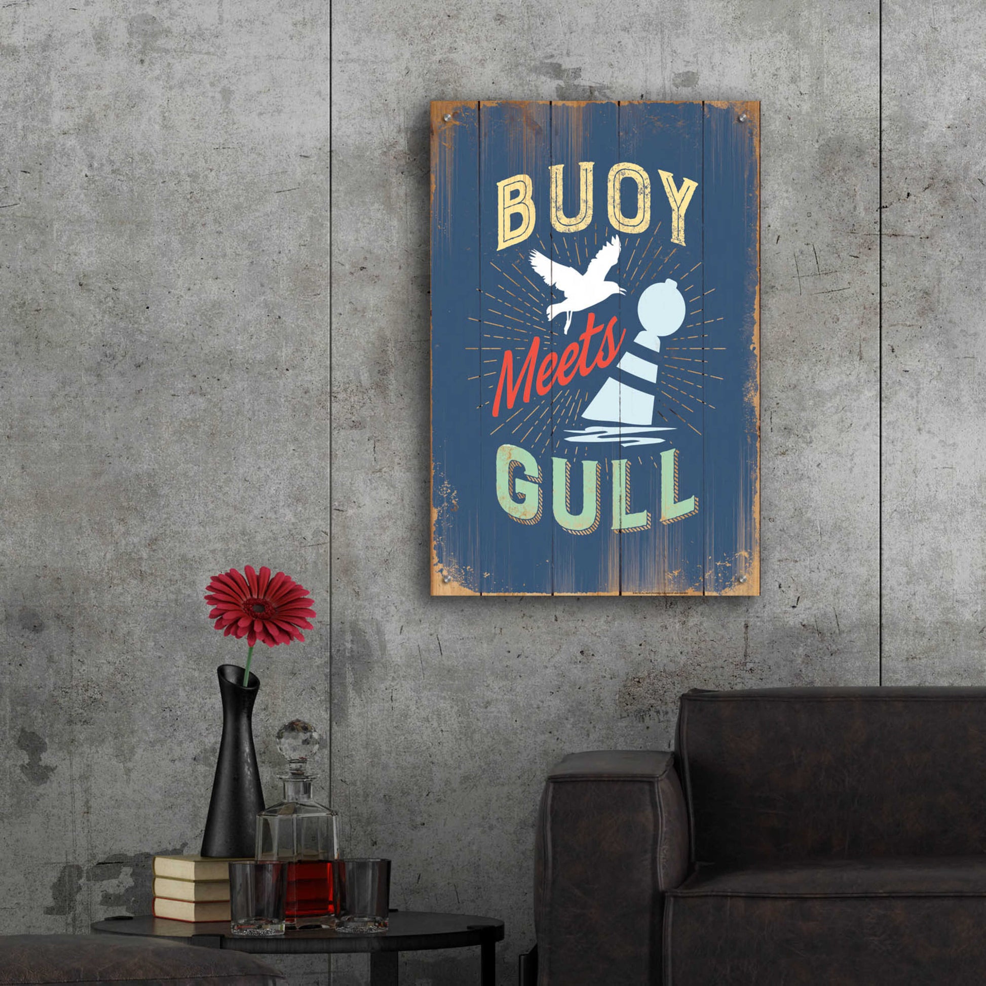 Epic Art 'Buoy Meets Gull In Blue' by JJ Brando, Acrylic Glass Wall Art,24x36