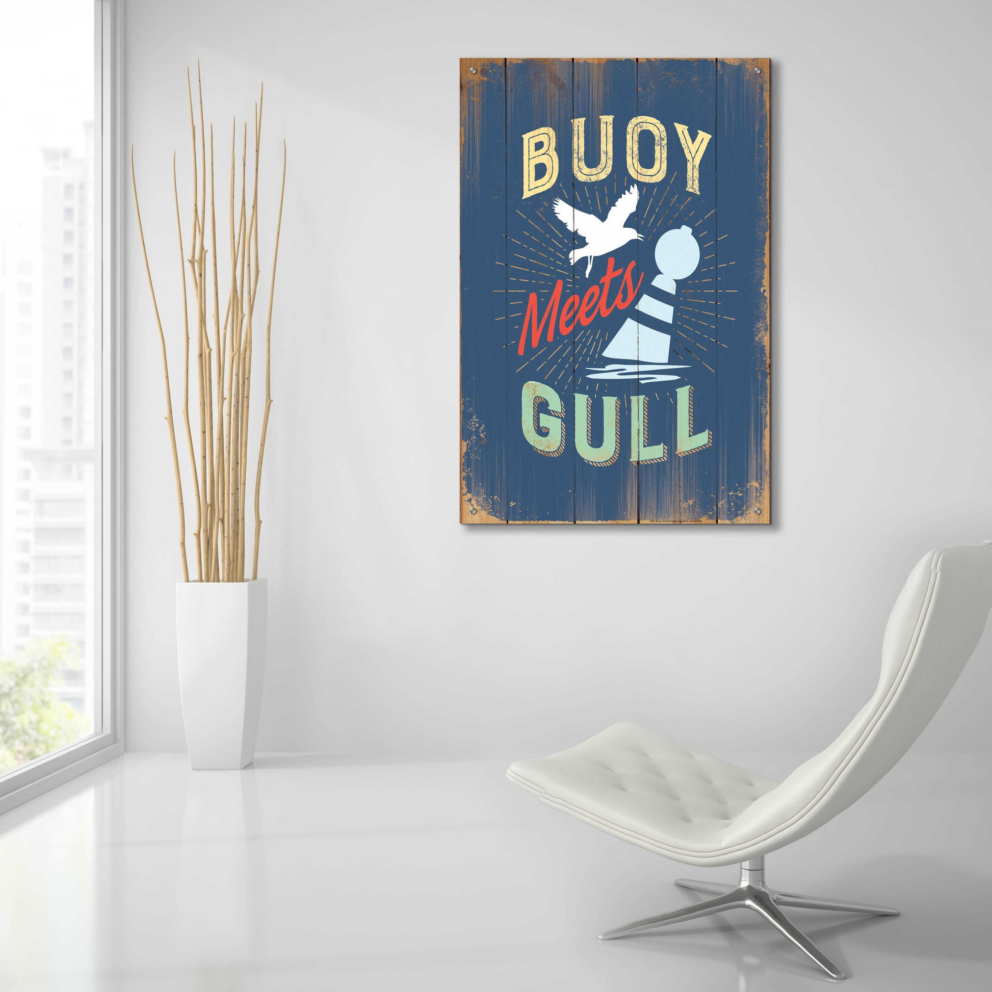 Epic Art 'Buoy Meets Gull In Blue' by JJ Brando, Acrylic Glass Wall Art,24x36