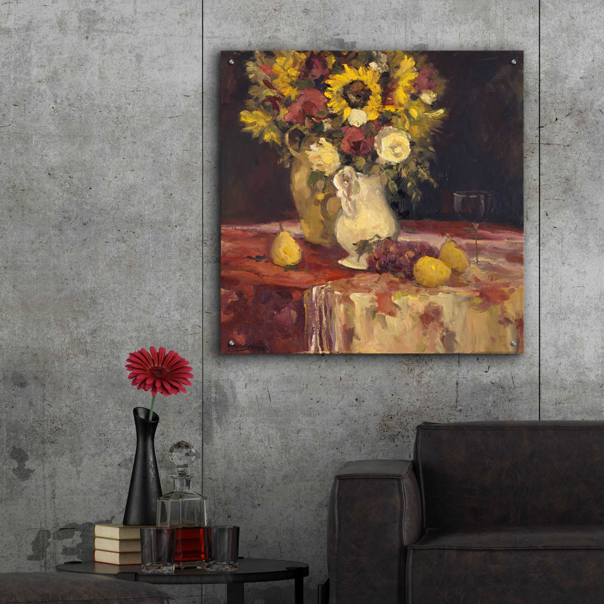 Epic Art 'Sunflowers And Wine' by Allayn Stevens, Acrylic Glass Wall Art,36x36