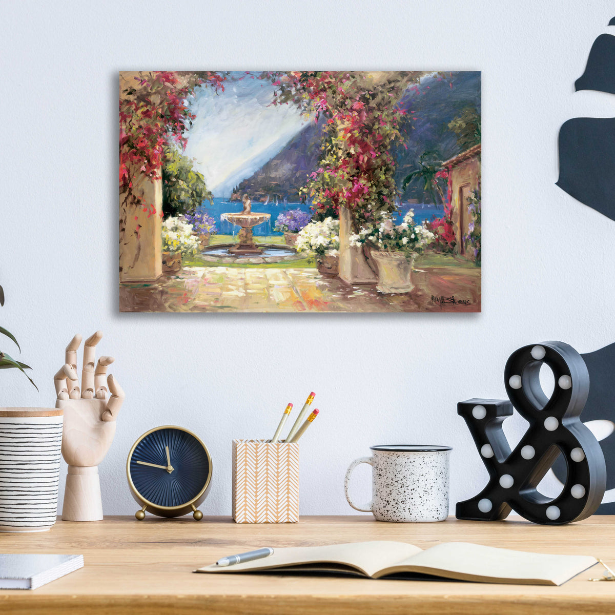Seaside Fountain by Allayn Stevens - 16x12 acrylic wall art in a room