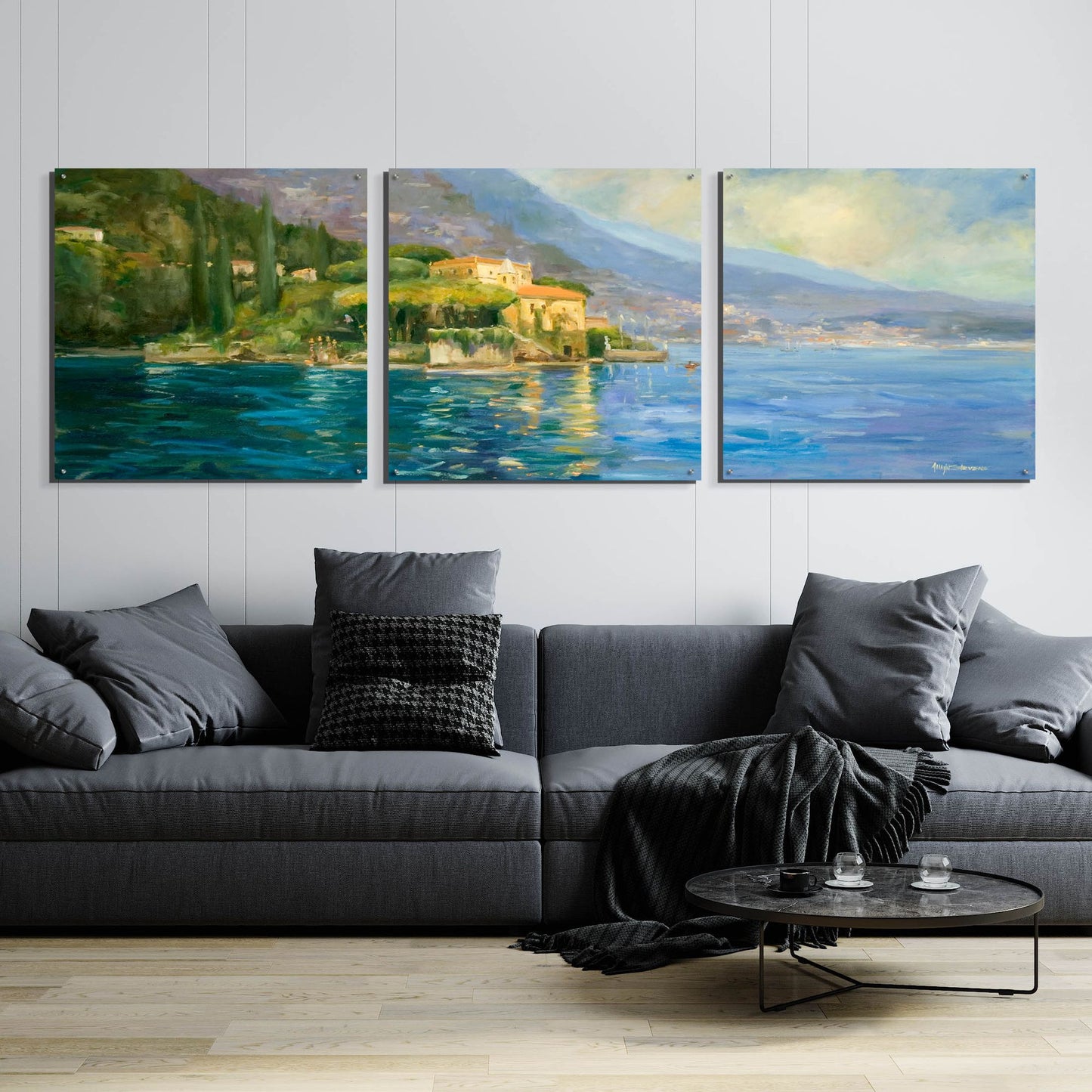 Epic Art 'Lake Como' by Allayn Stevens, Acrylic Glass Wall Art, 3 Piece Set,108x36