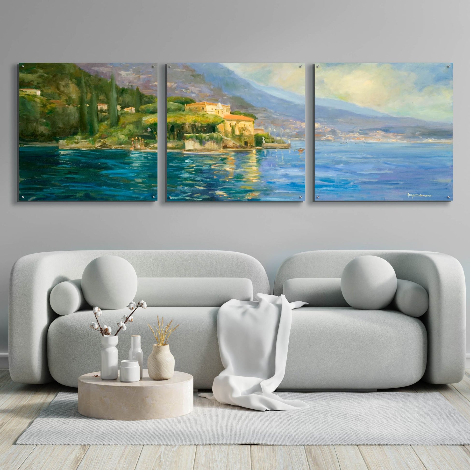 Epic Art 'Lake Como' by Allayn Stevens, Acrylic Glass Wall Art, 3 Piece Set,108x36