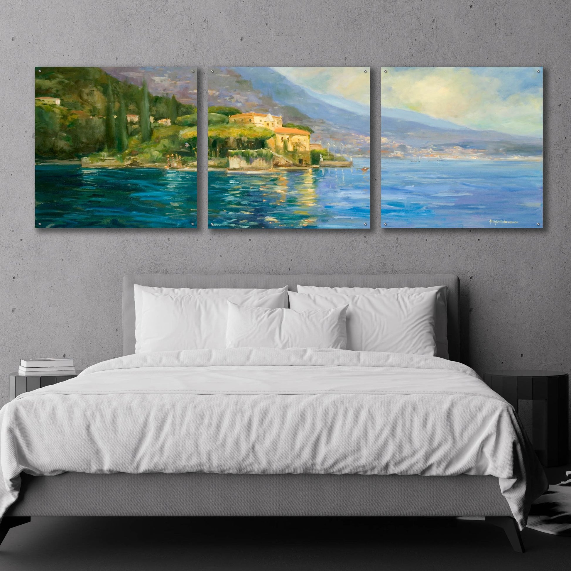 Epic Art 'Lake Como' by Allayn Stevens, Acrylic Glass Wall Art, 3 Piece Set,108x36