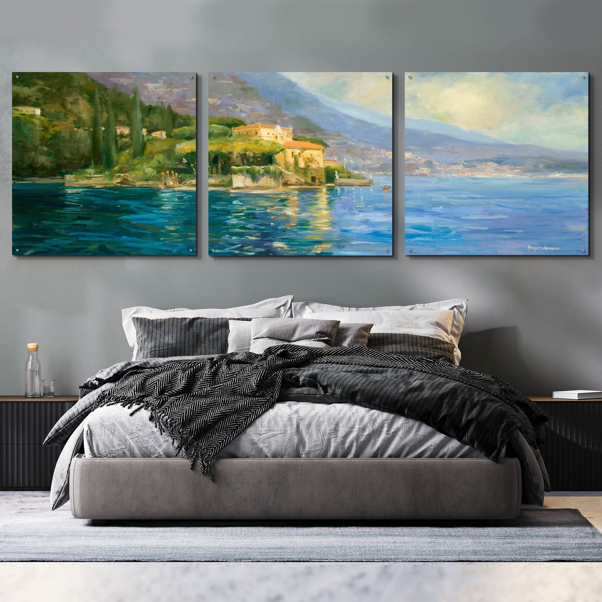 Epic Art 'Lake Como' by Allayn Stevens, Acrylic Glass Wall Art, 3 Piece Set,108x36