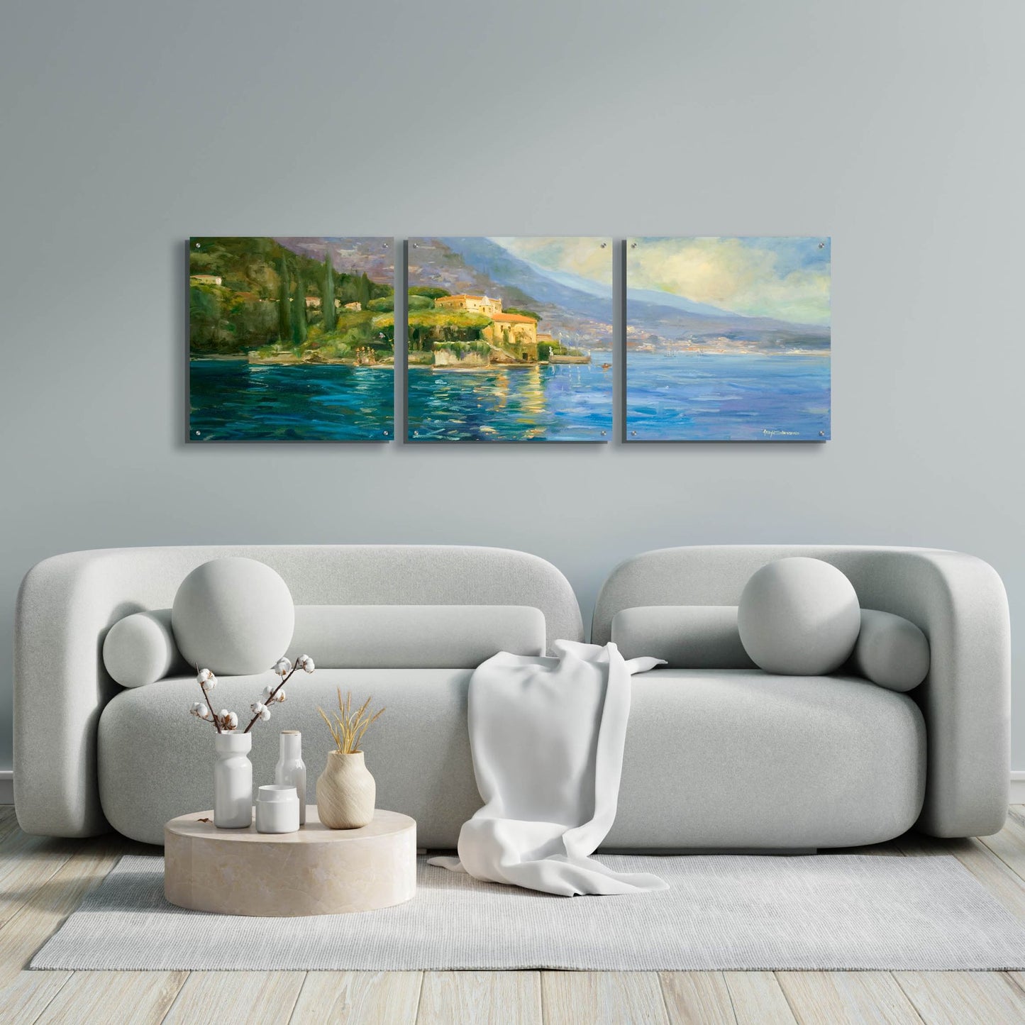 Epic Art 'Lake Como' by Allayn Stevens, Acrylic Glass Wall Art, 3 Piece Set,72x24