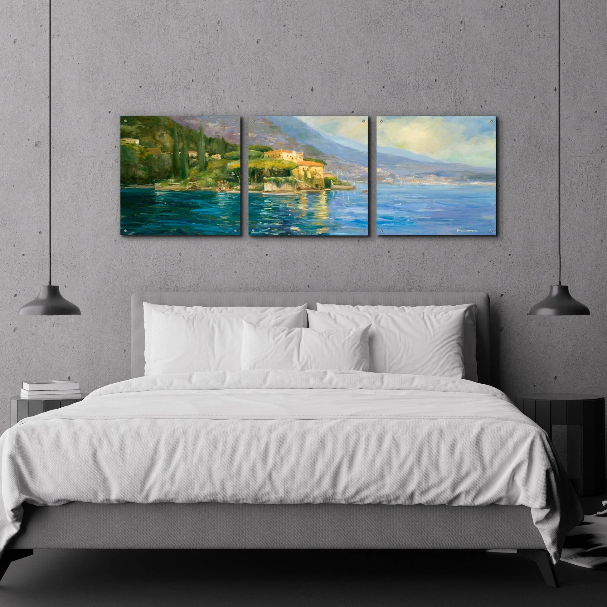 Epic Art 'Lake Como' by Allayn Stevens, Acrylic Glass Wall Art, 3 Piece Set,72x24