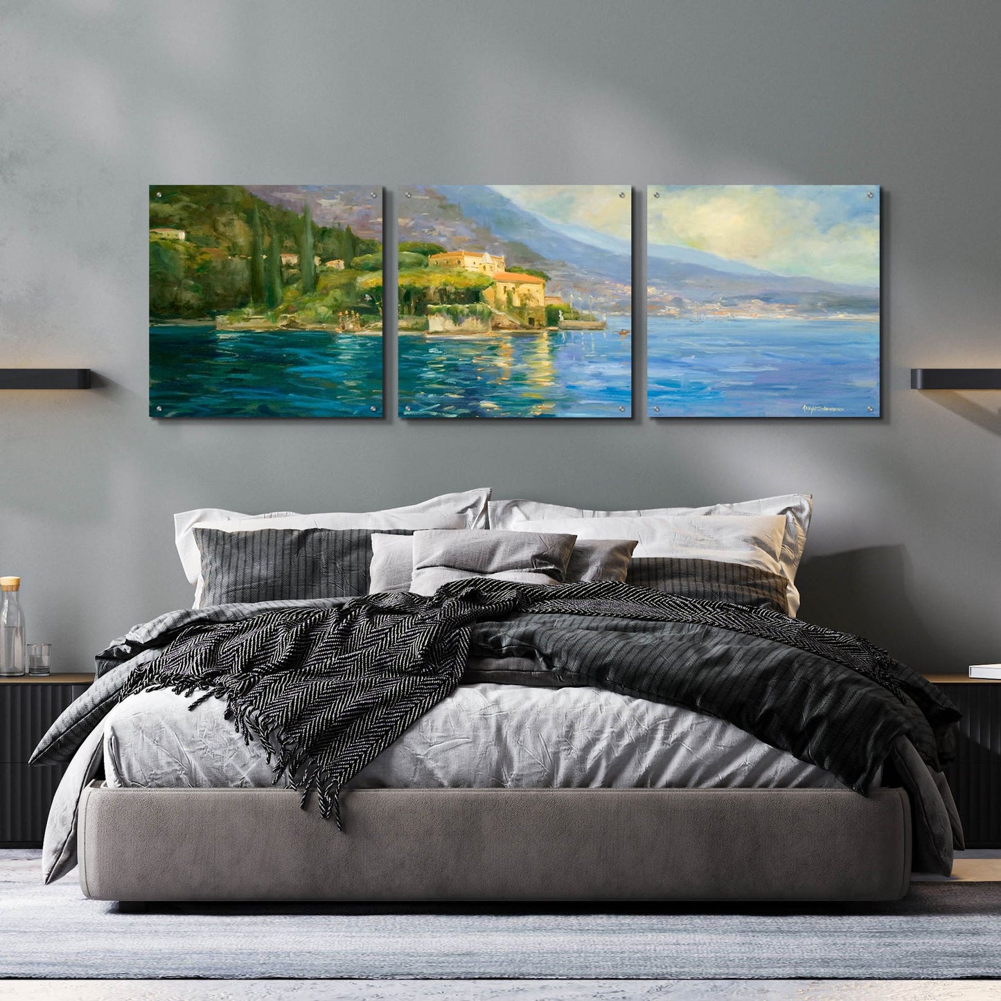 Epic Art 'Lake Como' by Allayn Stevens, Acrylic Glass Wall Art, 3 Piece Set,72x24