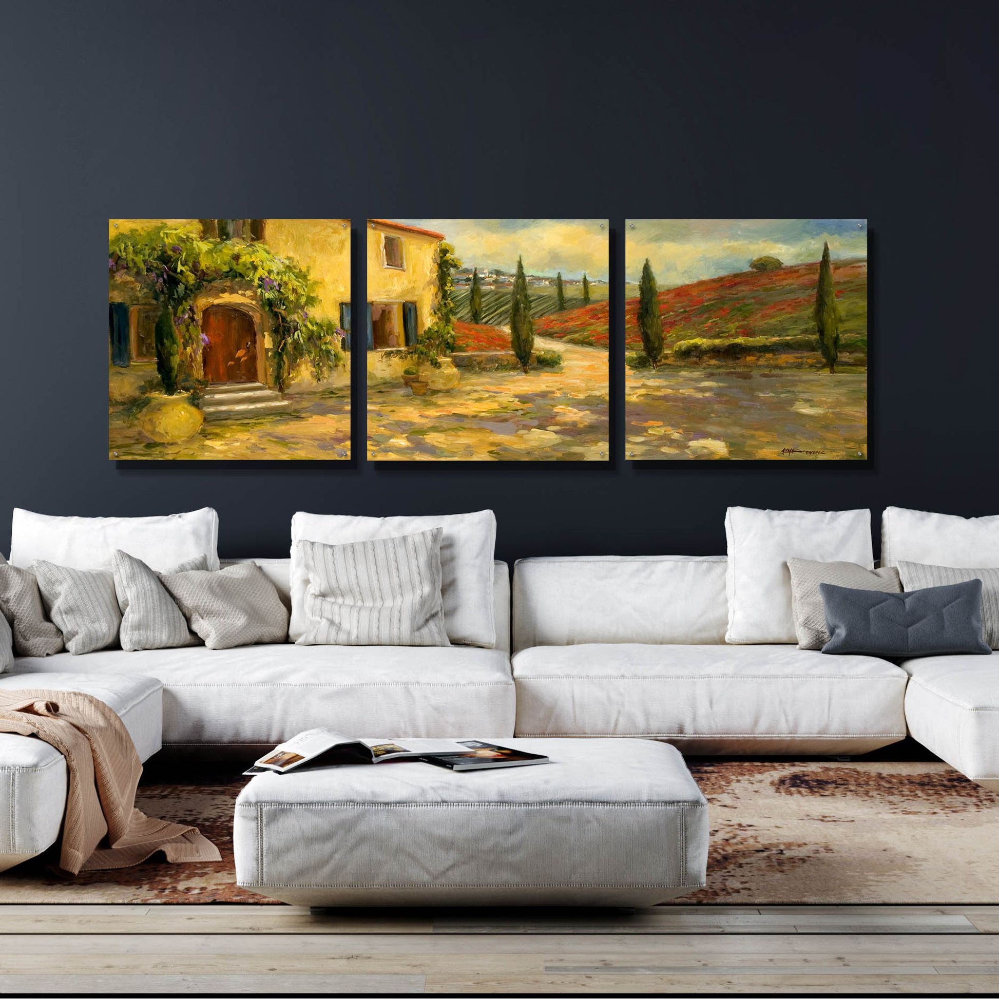 Epic Art 'Tuscan Fields' by Allayn Stevens, Acrylic Glass Wall Art, 3 Piece Set,108x36