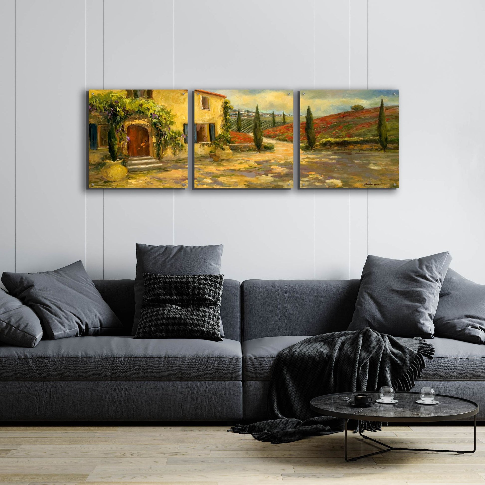 Epic Art 'Tuscan Fields' by Allayn Stevens, Acrylic Glass Wall Art, 3 Piece Set,72x24