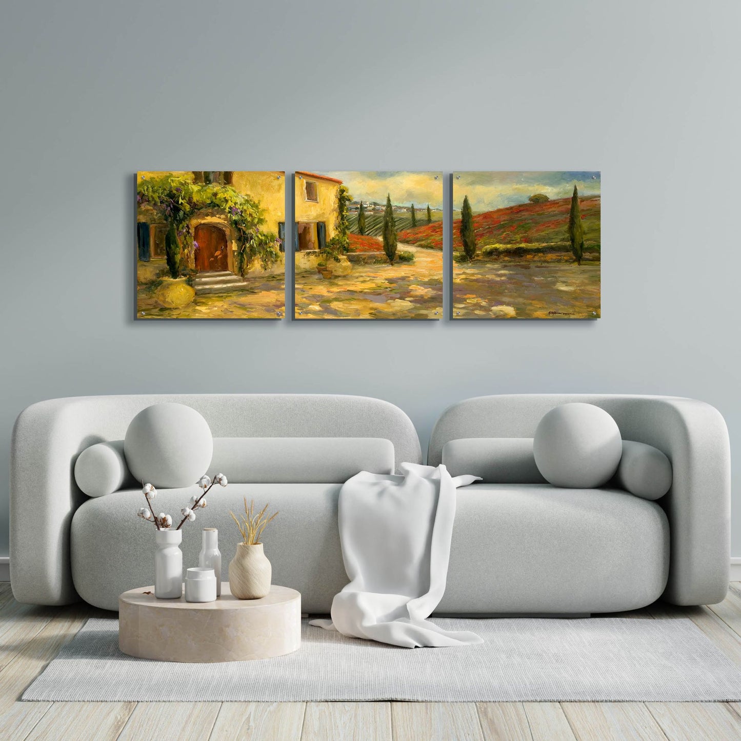 Epic Art 'Tuscan Fields' by Allayn Stevens, Acrylic Glass Wall Art, 3 Piece Set,72x24