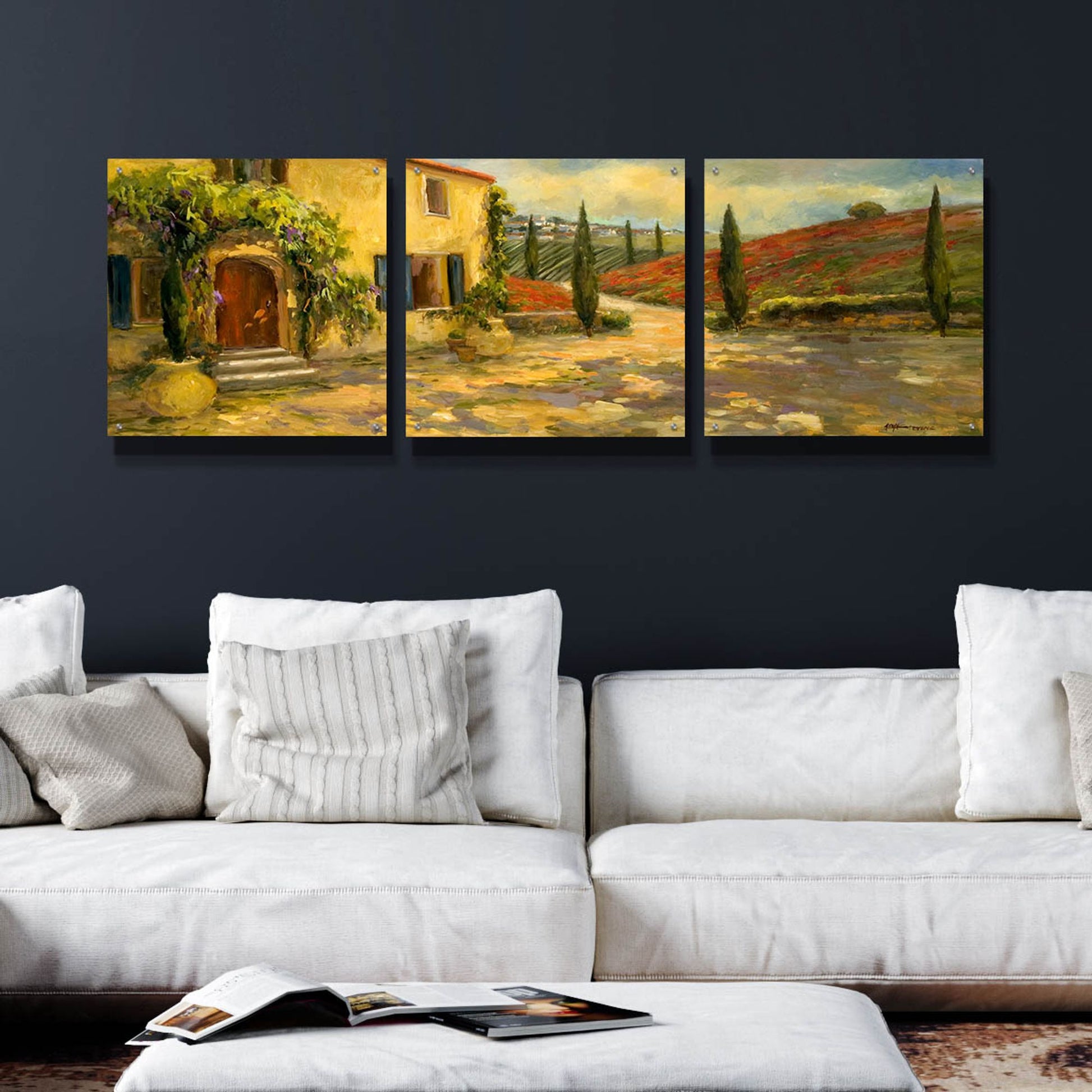 Epic Art 'Tuscan Fields' by Allayn Stevens, Acrylic Glass Wall Art, 3 Piece Set,72x24