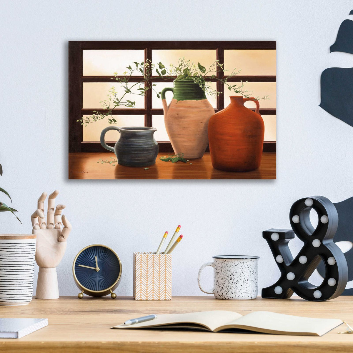 Olive Jar With Flowering Vine by Cecile Baird - 16x12 acrylic wall art in a room