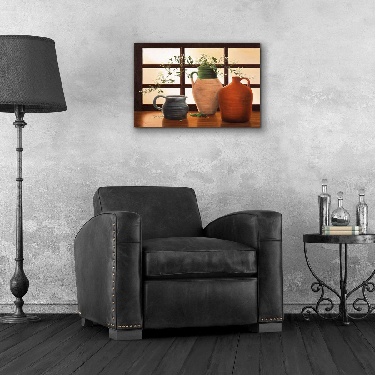 Olive Jar With Flowering Vine by Cecile Baird - 24x16 acrylic wall art in a room