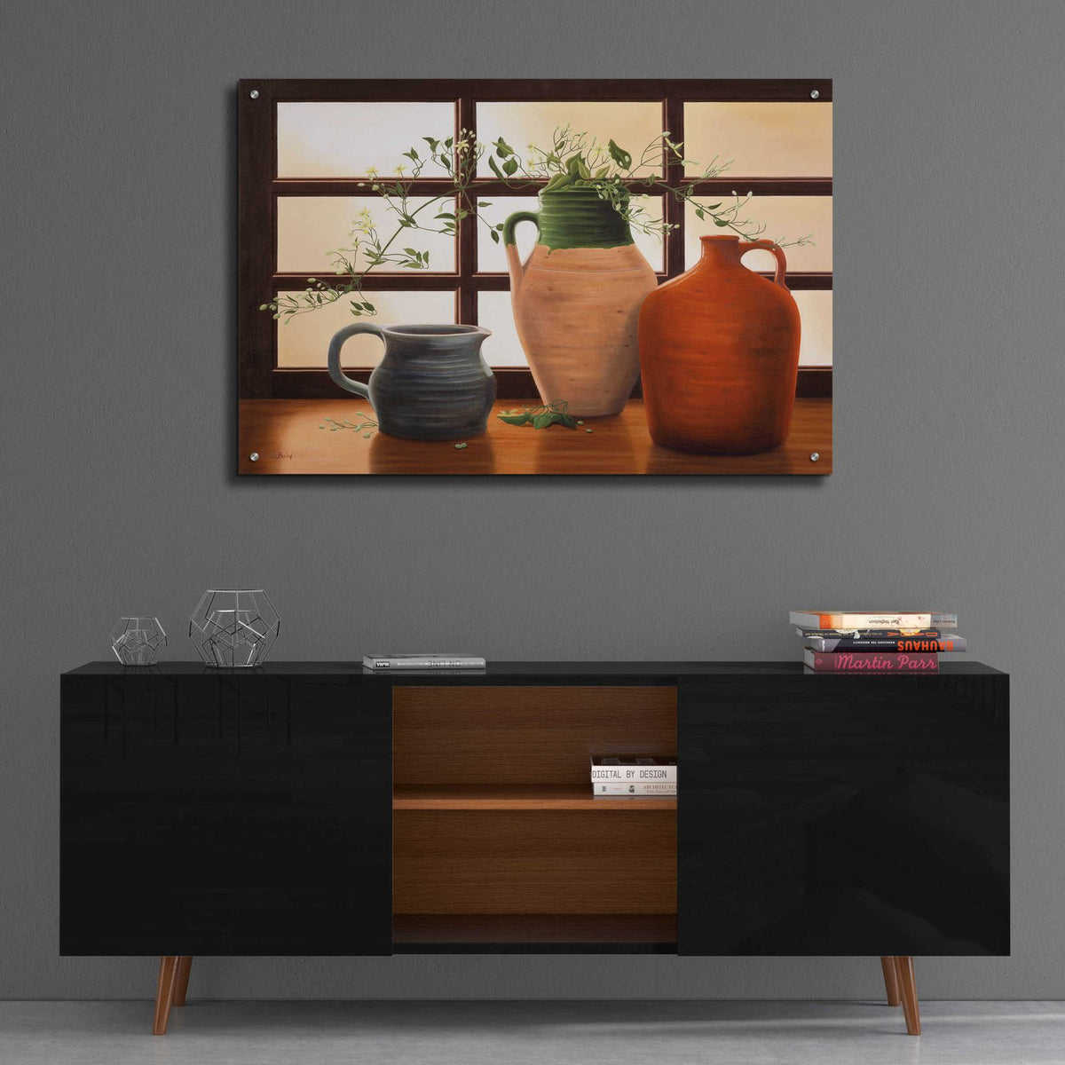Olive Jar With Flowering Vine by Cecile Baird - 36x24 acrylic wall art in a room