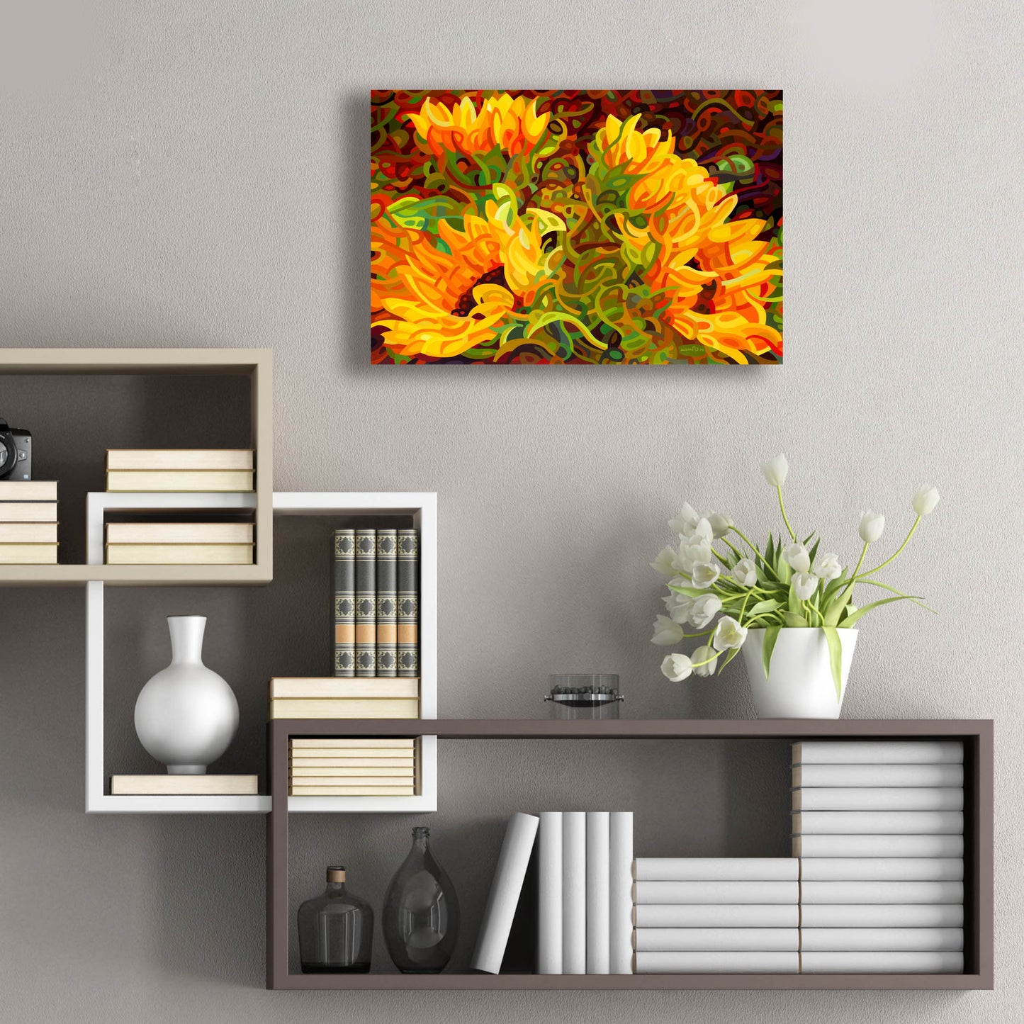 Epic Art 'Four Sunflowers' by Mandy Budan, Acrylic Glass Wall Art,24x16