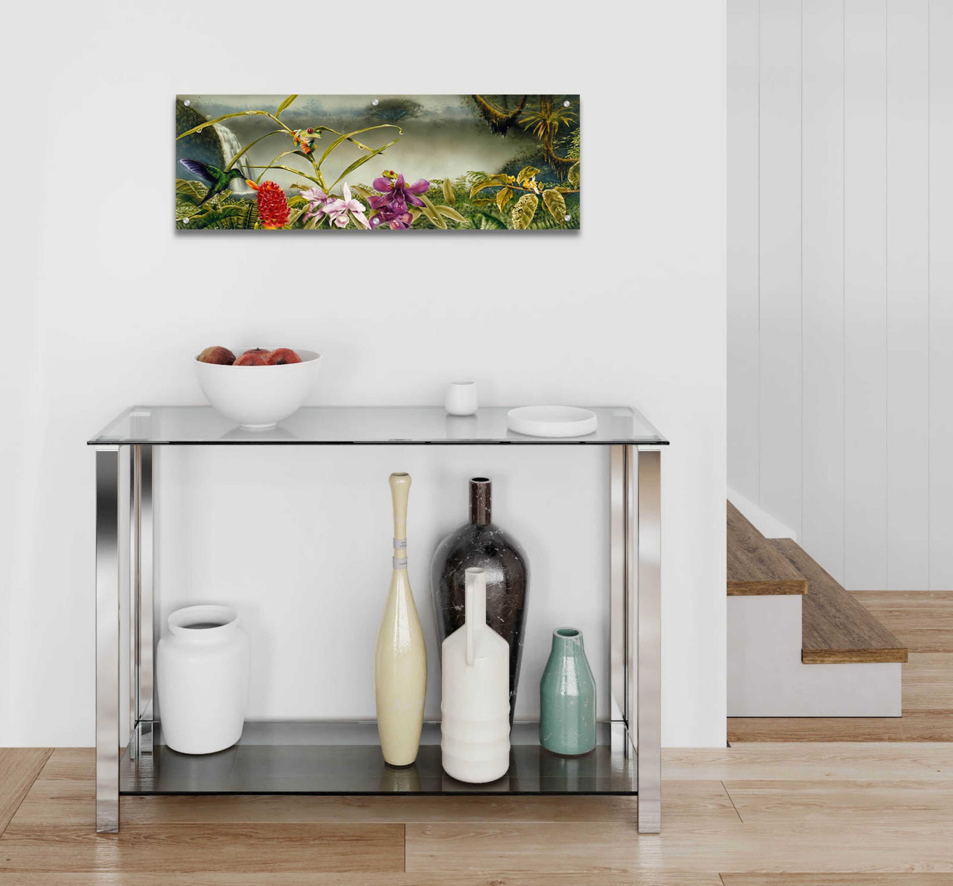 Epic Art 'Orchids & Exotic Frogs' by Beverly Doyle, Acrylic Glass Wall Art,36x12